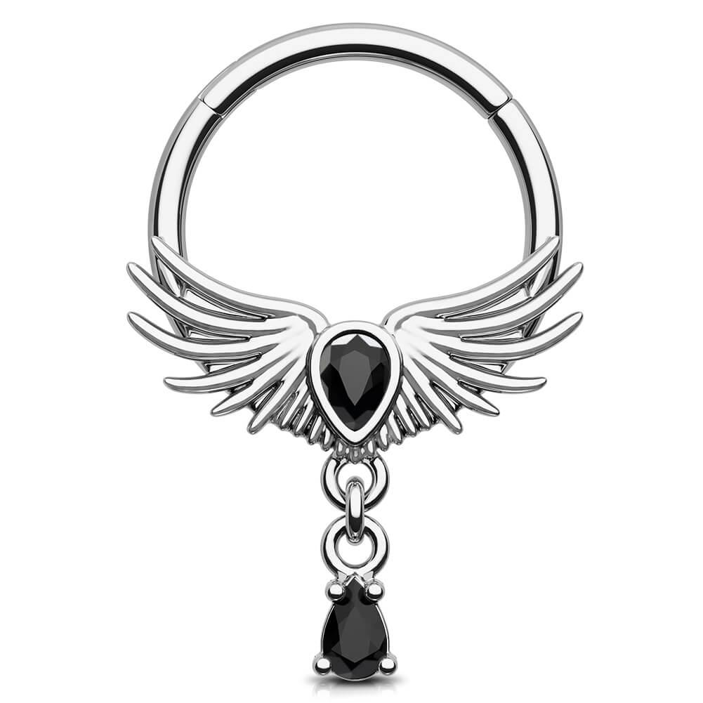 Hawk Wings Black CZ Gem Dangle Hinged Segment Septum Ring