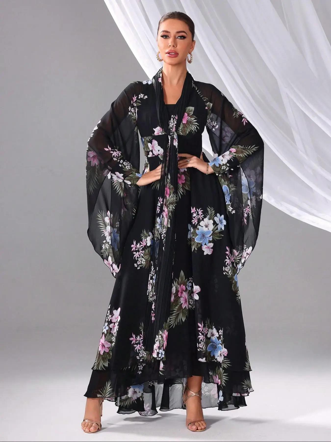 women's Floral Print Long Sleeve Open Front Kimono Dress, Elegant Modest Maxi Dress for Party Holiday Wedding Guest, Ladies Spring & Fall Clothes