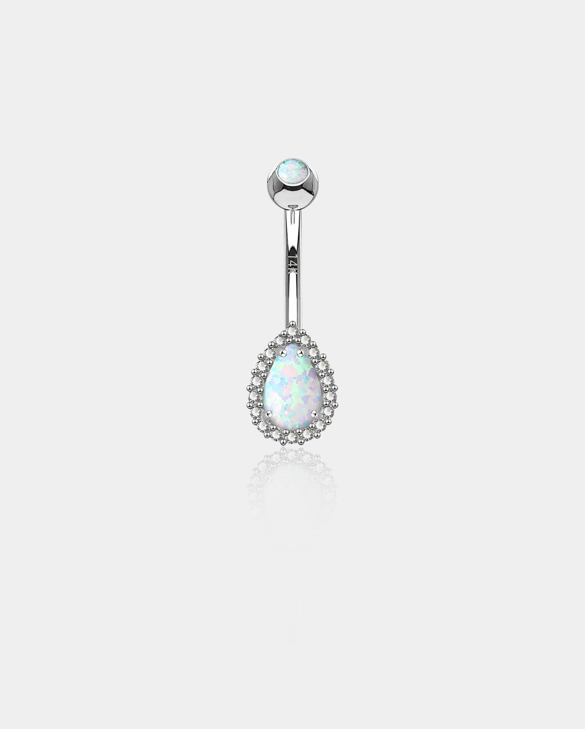 14K White Gold Opal Teardrop Belly Ring