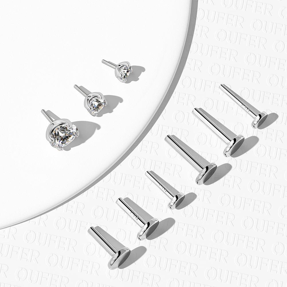 14K White Gold CZ Threadless Helix Stud - Titanium Post Only / 16G 6mm