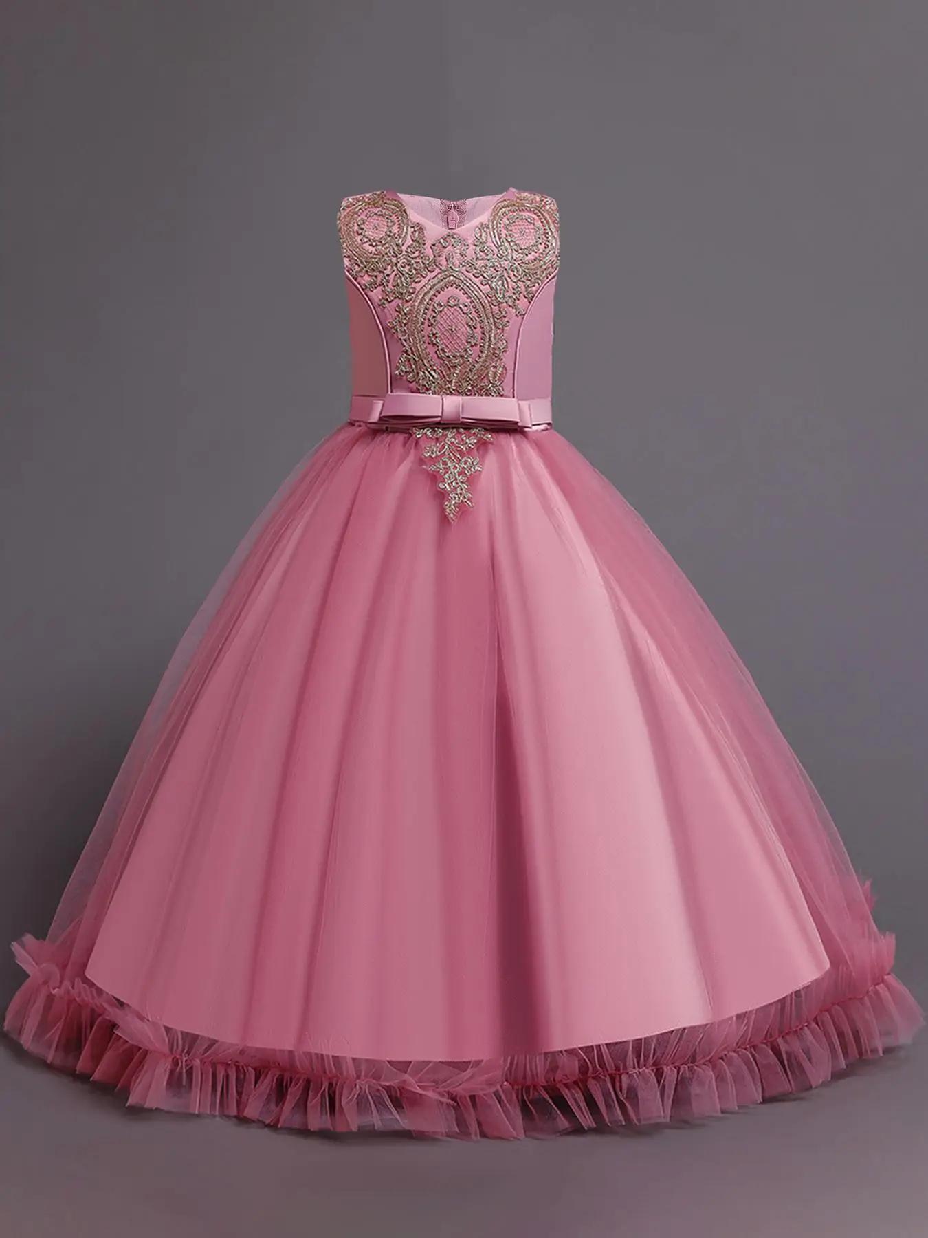 Girl's Floral Embroidery Bow Back Dress, Elegant Sleeveless V Neck Dress for Party Performance Wedding Guest, Kids Clothes for All Seasons