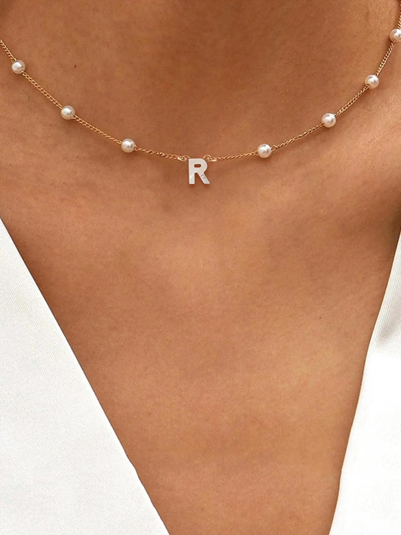 Fall Letter Detail Faux Pearl Necklace for Gift, Stainless Steel Personalized Initial Necklace Casual Matching Necklaces for Women, Designer Back To