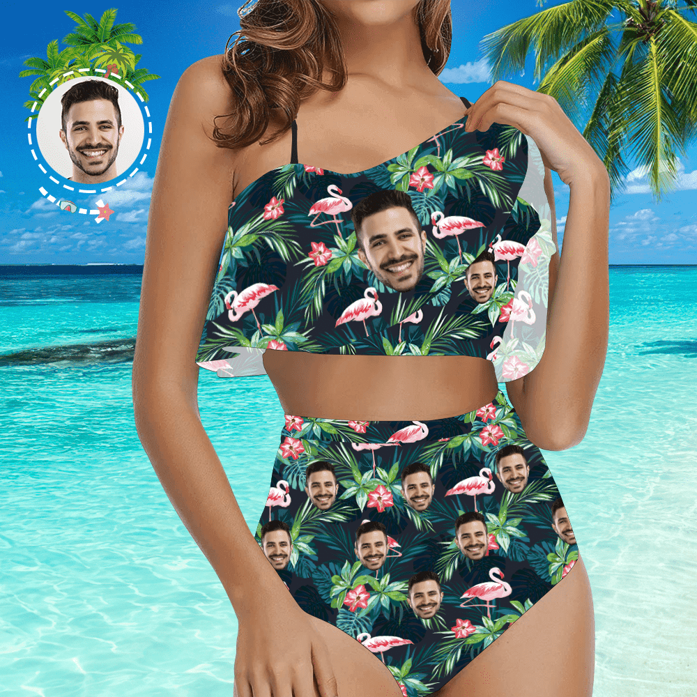 Custom Swimsuit Face Bikini Suit Gift For Her - Leaves & Flamingo