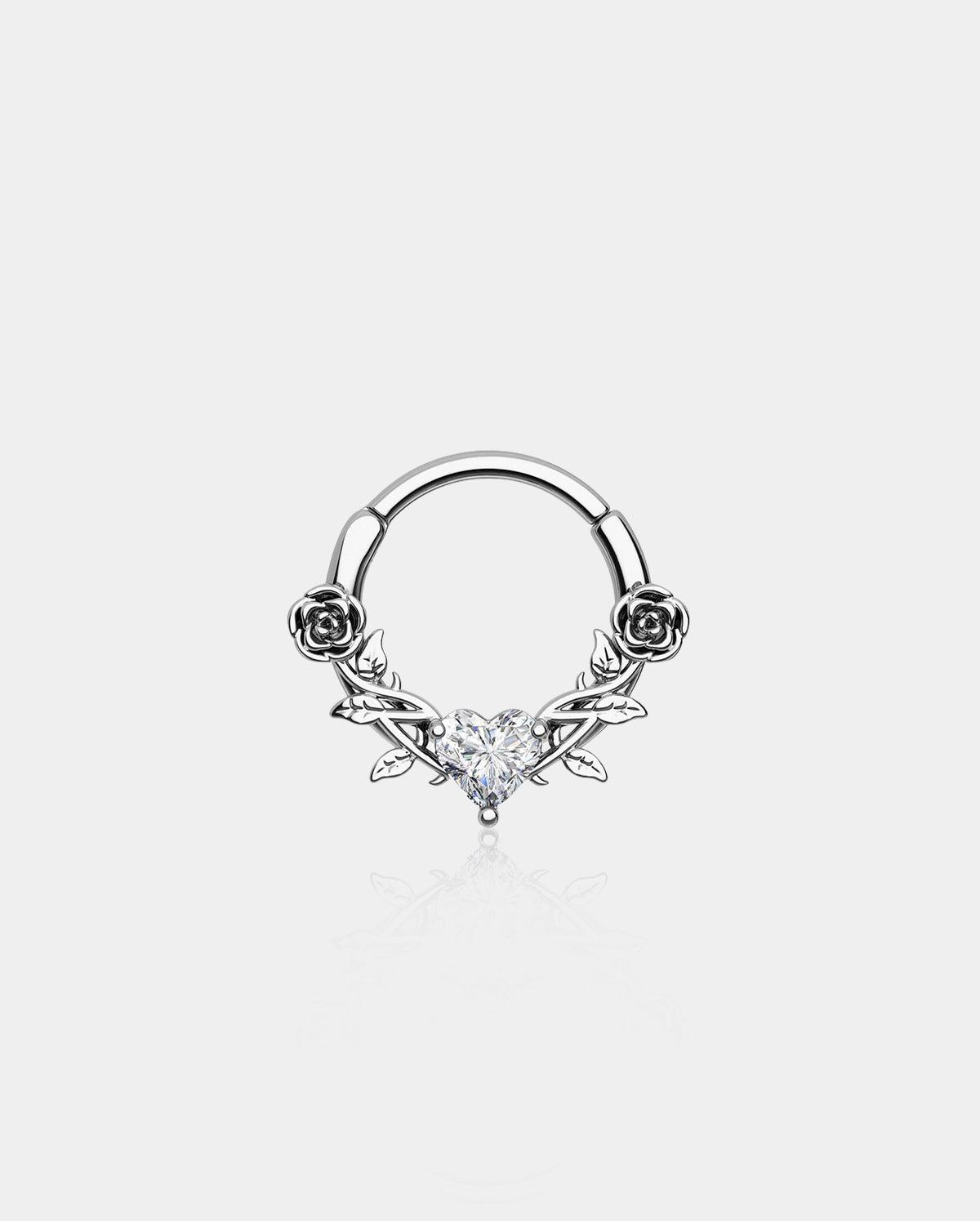 Rose Love Heart CZ Gem Clicker Septum Ring - 10mm