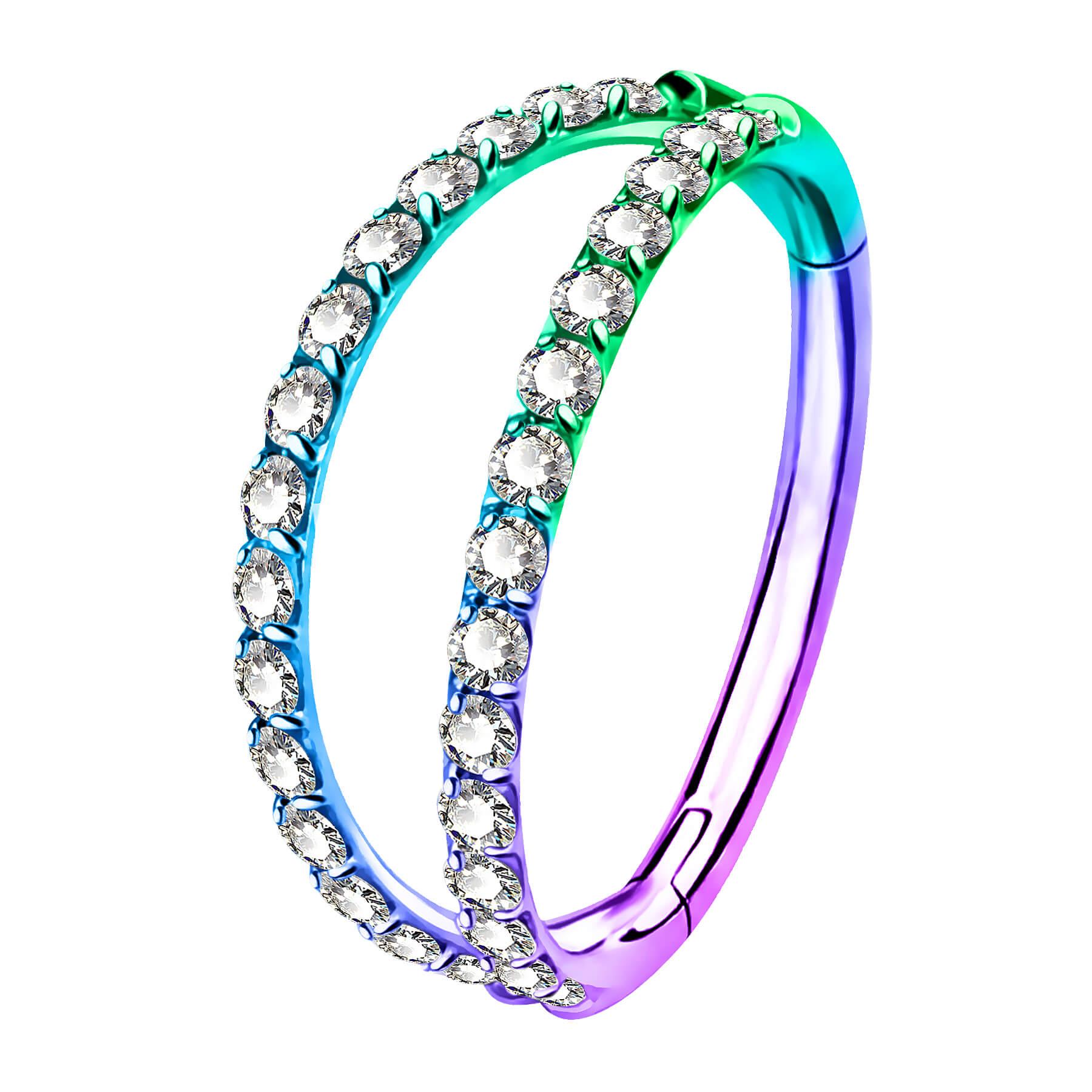 18G CZ Double Hoop Segment Nose Ring - Rainbow / 7mm
