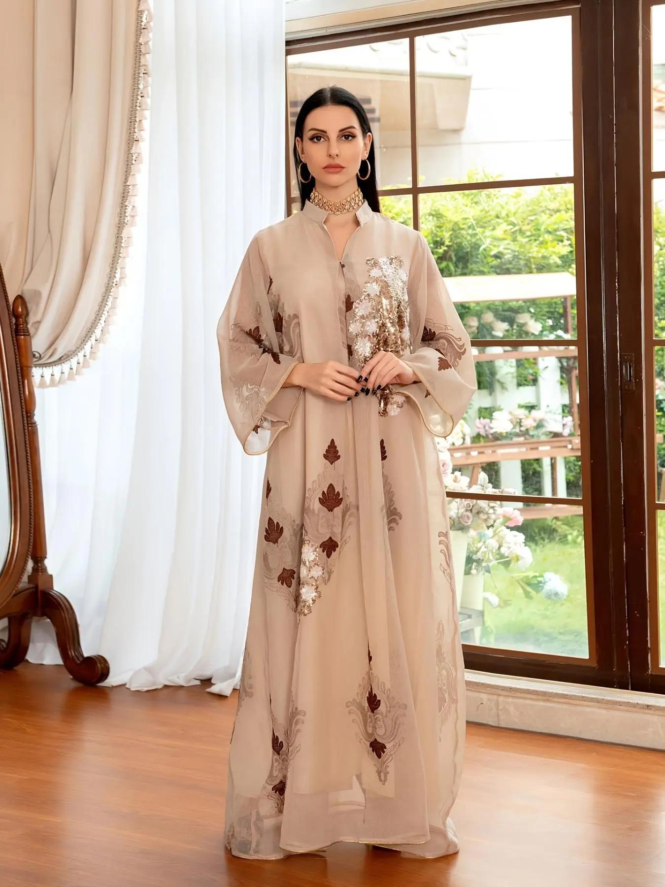 women's Ethnic Pattern Embroidery Dress, Modest Elegant Long Sleeve Dress for Party Wedding Guest, Ladies Spring Islamic Clothing