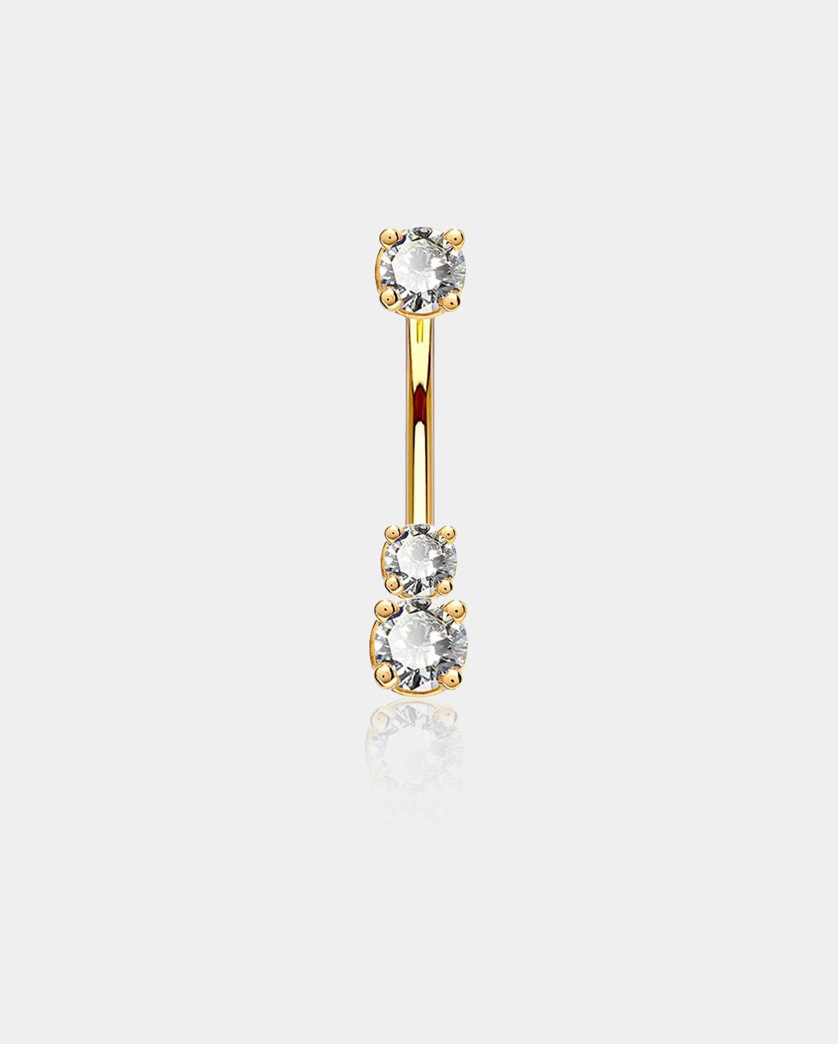14K Gold Three Round CZ Belly Ring - 8mm