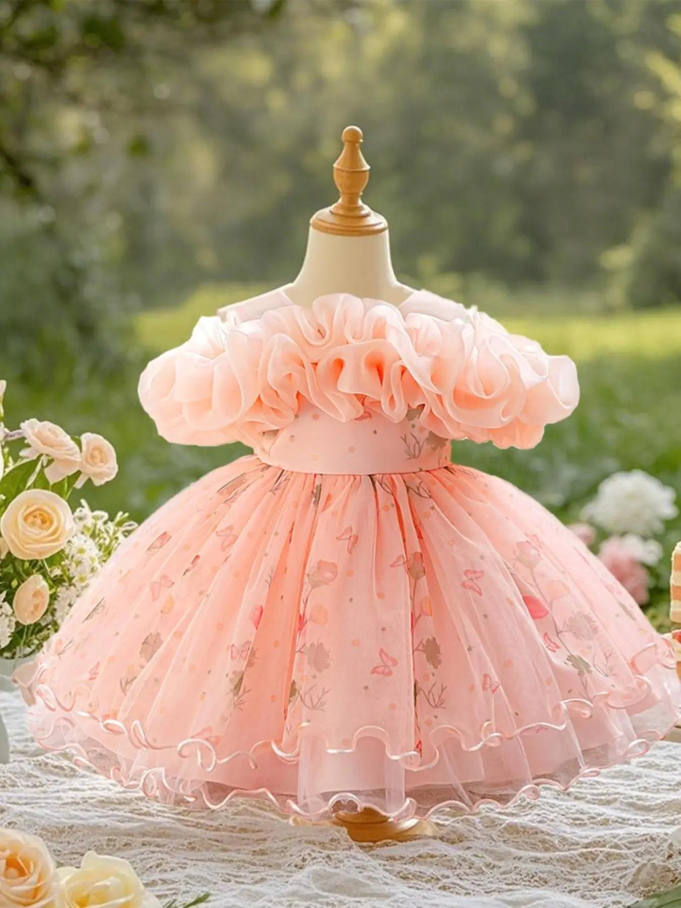Toddler Girl's Floral Print Lace Trim Sweater Dress, Elegant Romantic Ruffle Layered Sleeve Knit Dress for Party Wedding Guest, Kids Clothes for Sprin