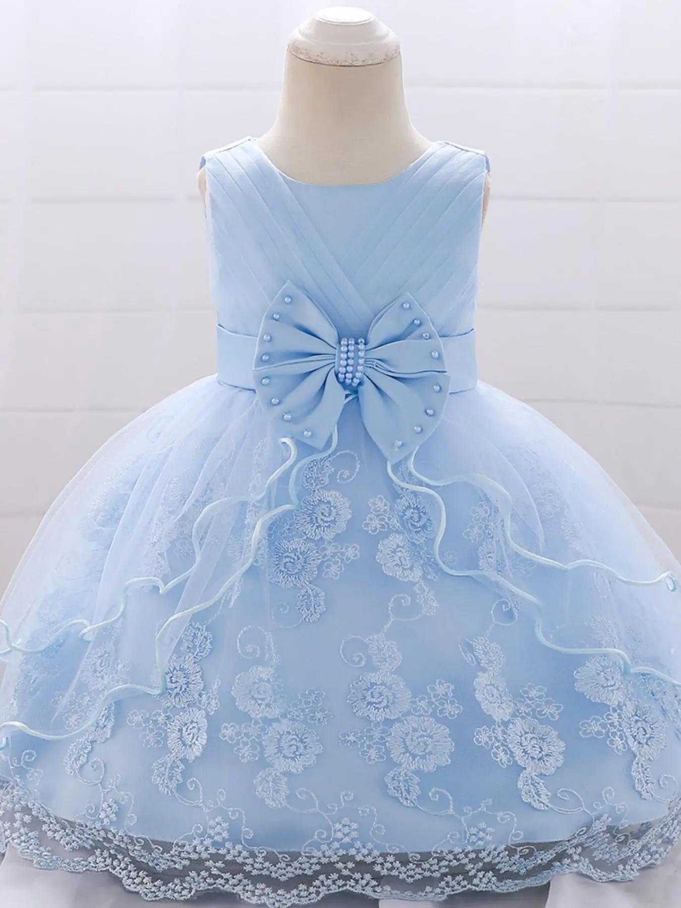 Girl's Floral Embroidery Zip Up Dress, Elegant Bow Decor Sleeveless Princess Dress for Party Wedding Guest, Kids Clothes for All Seasons