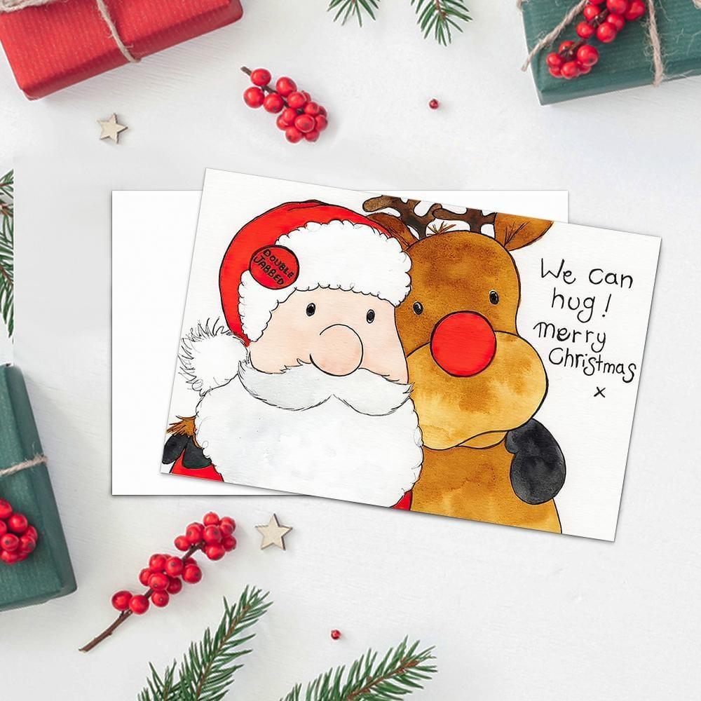 Merry Christmas Card We Can Hug Santa with Rudolph -Horizontal Card