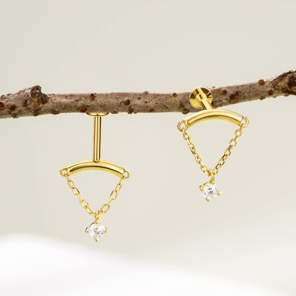 14K Gold Dangle Chain CZ Threadless Earring - Titanium Post Only / 18G 8mm