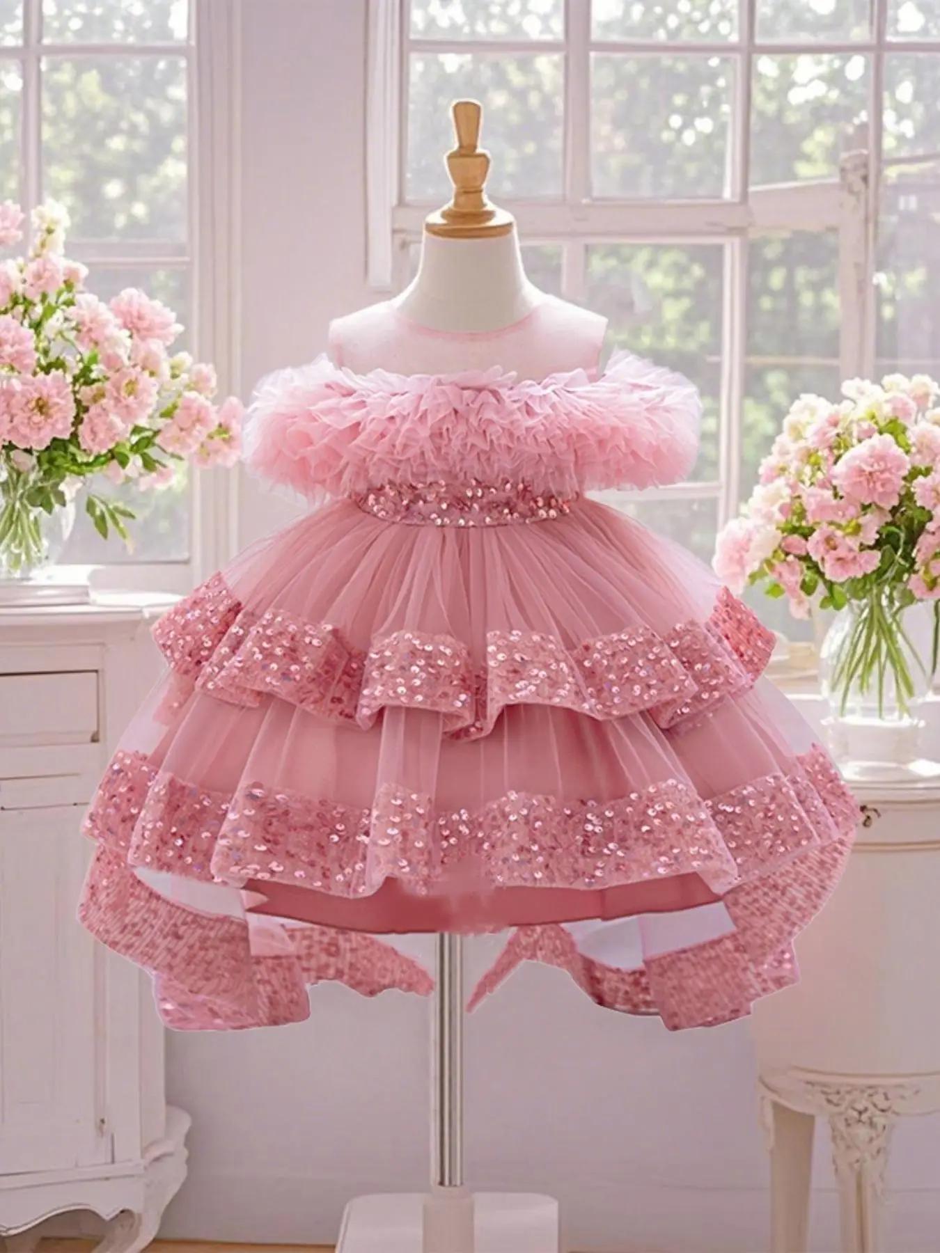 Toddler Girl's Floral Embroidery Sequins Sweater Dress, Cute Puff Sleeve Round Neck Knit Dress for Party Holiday Wedding Guest, Kids Clothes for Summe