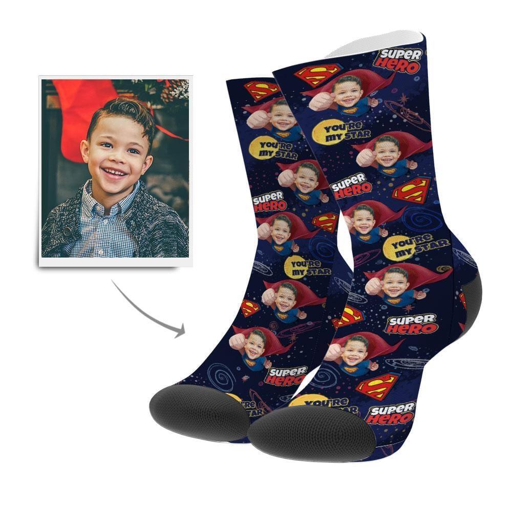 Father's Gift Custom Photo Socks Superhero StyleFace Mash Socks
