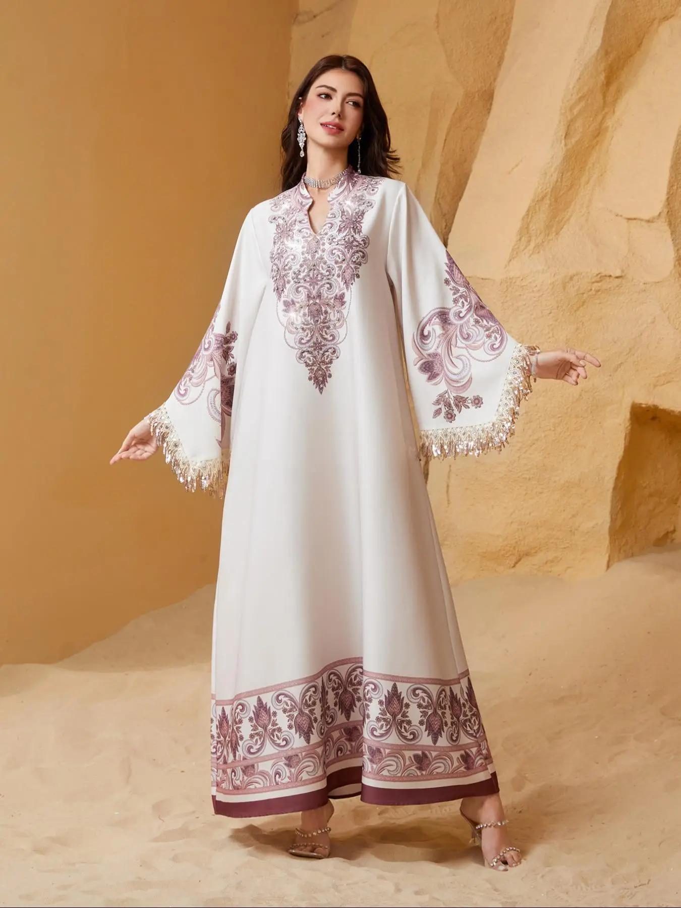 women's Embroidery Sequins Dress, Elegant Long Sleeve Dress for Party Wedding Guest, Ladies Islamic Clothing for Spring & Fall