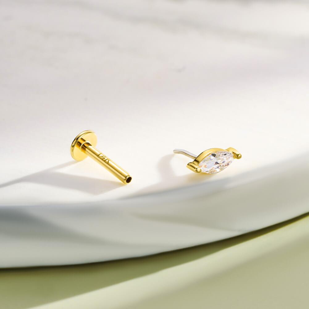14K Gold Marquise CZ Threadless Conch Stud - Titanium Post Only / 16G-6mm