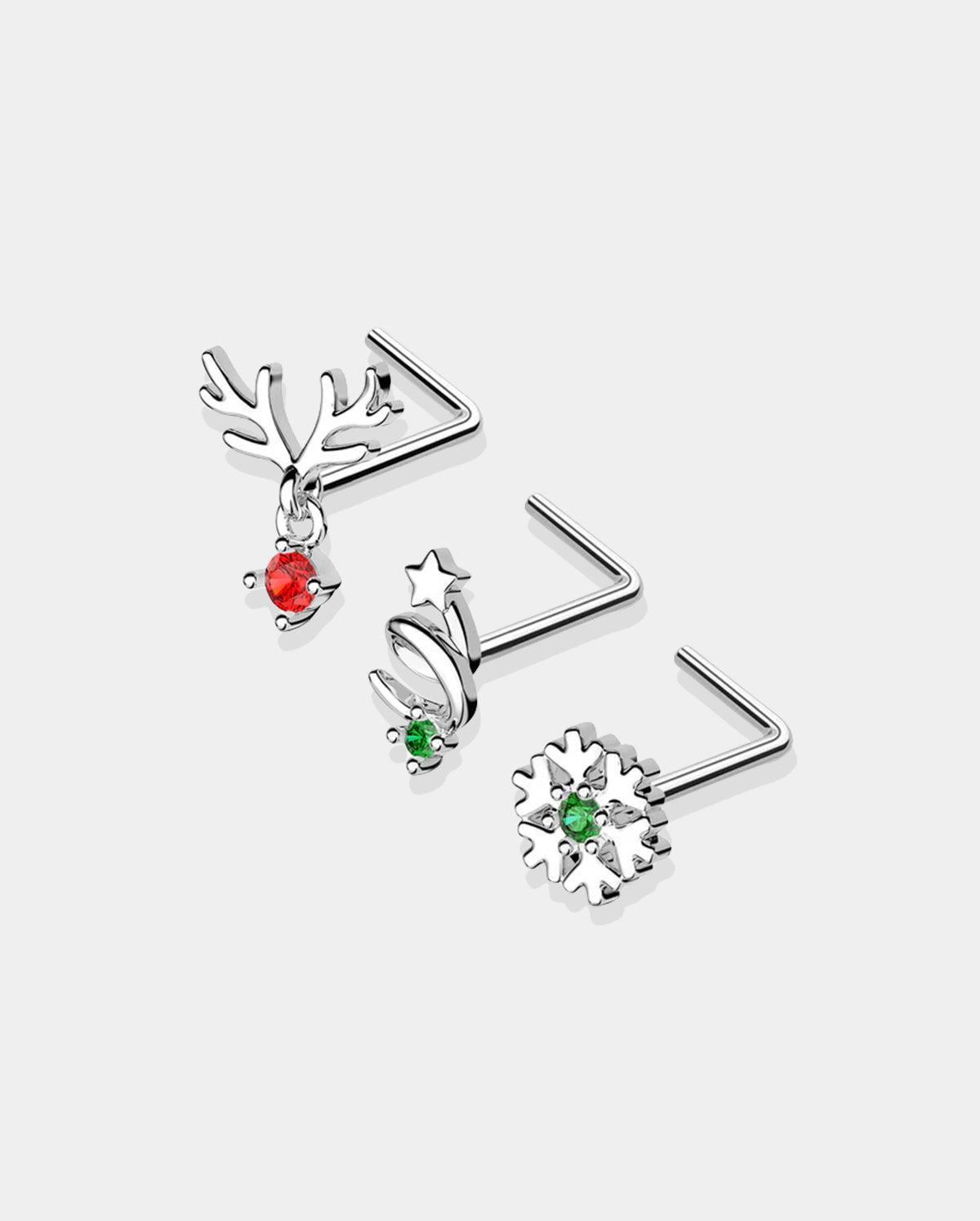3PCS Reindeer/Star/Snowflake Christmas Nose Studs Pack