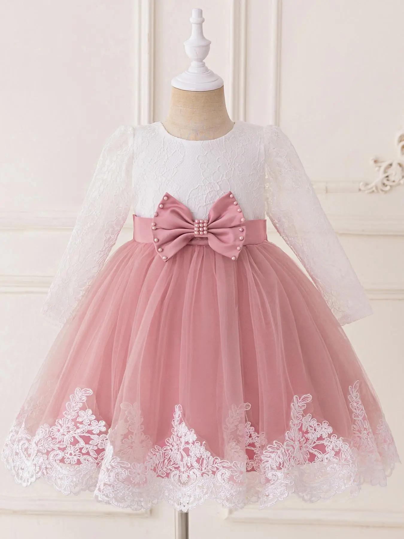 Toddler Girl's Bow Decor Dress, Elegant Fashion Casual Crew Neck Dress for Party Holiday Wedding Guest, Kids Clothing for All Seasons
