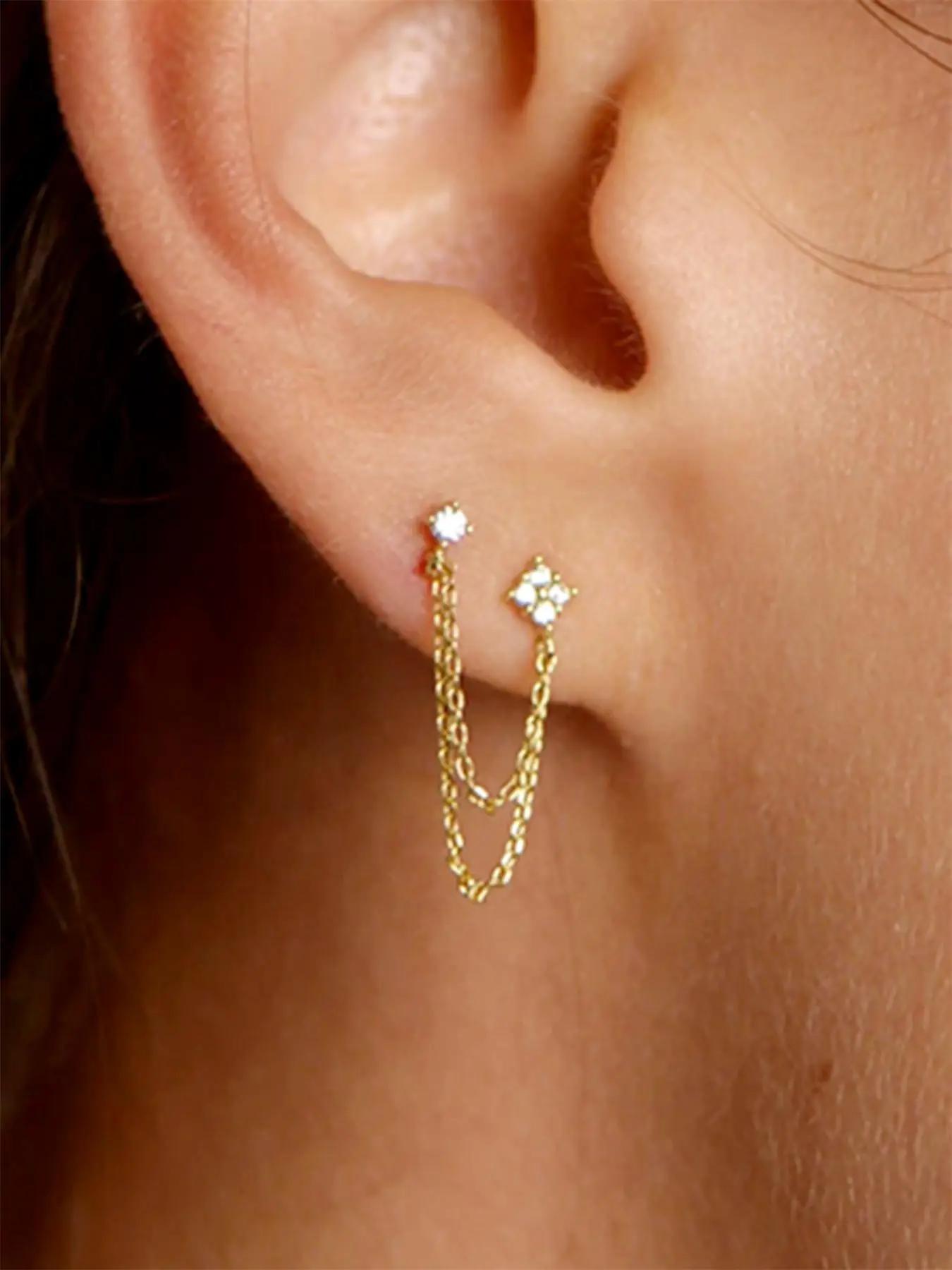 Rhinestone Decorated Double Layered Chain Dangle Earrings, Fashionable Earrings