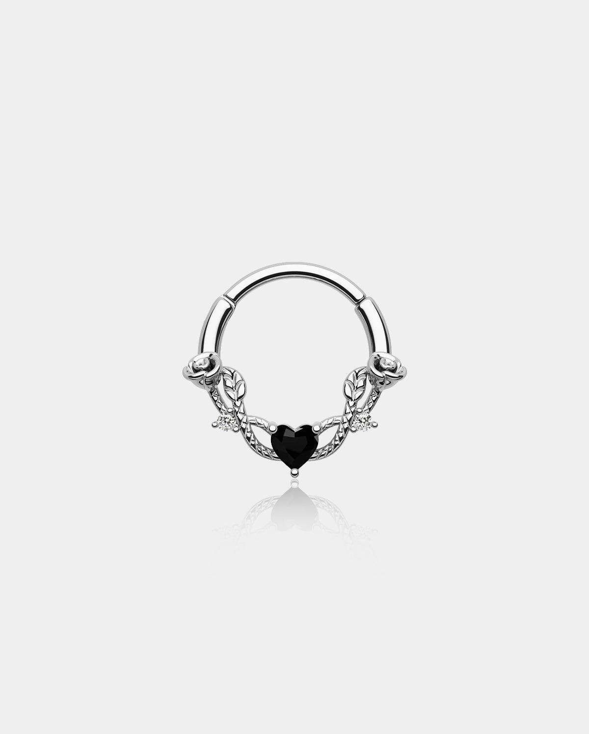 Rose Heart Hinged Segment Septum Ring - Silver-BLack CZ / 8mm