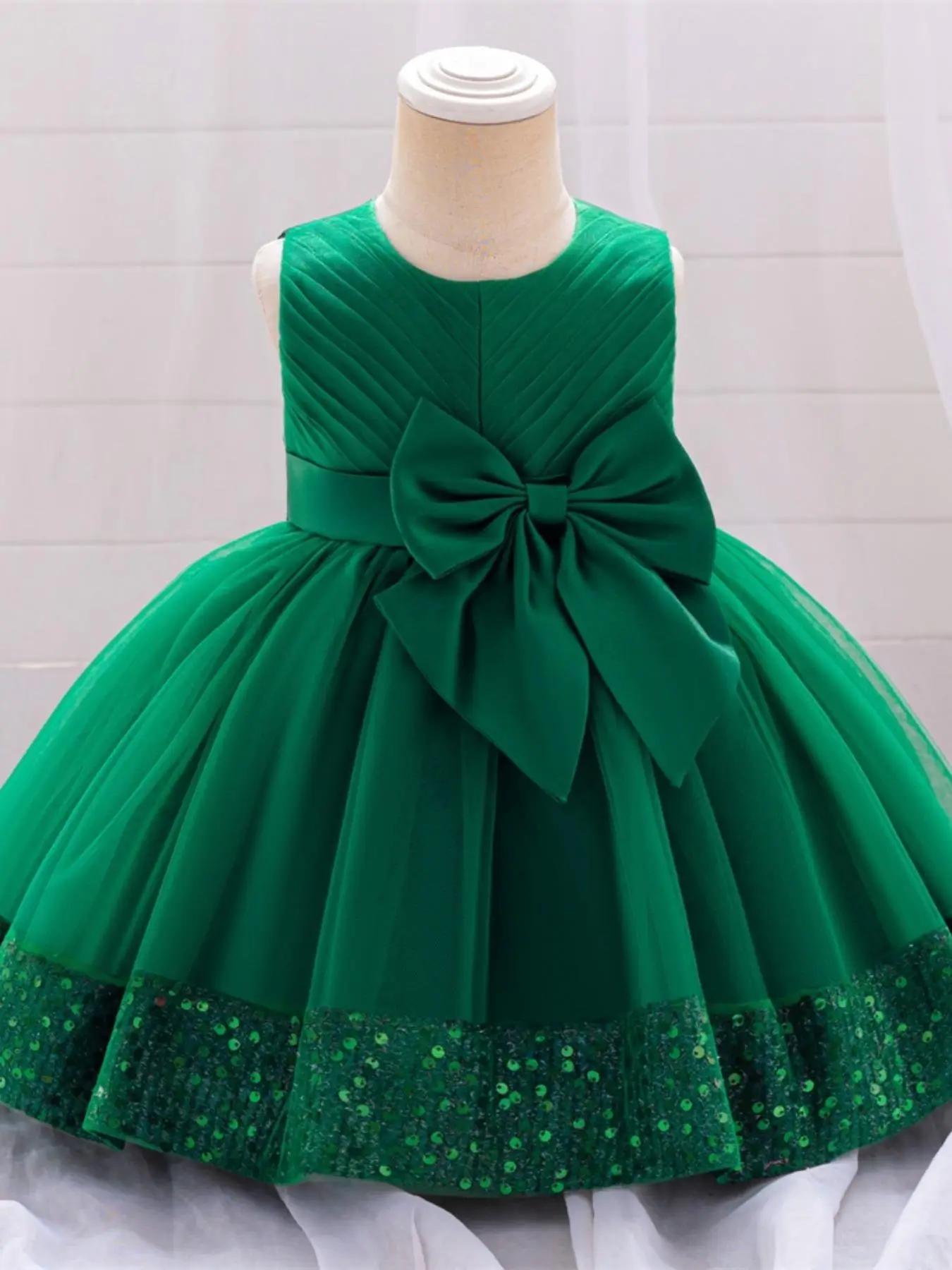 Baby Girl's Contrast Sequin Bow Decor Dress, Cute Round Neck Sleeveless Dress for Christmas Party Holiday Wedding Guest, Infant Toddler Kids Clothes f
