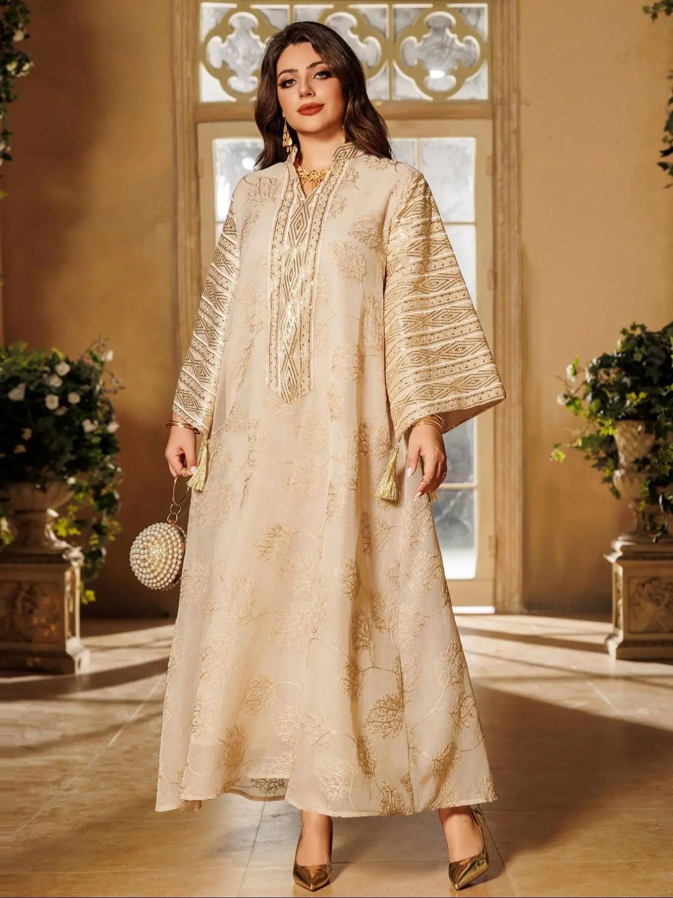 women's Contrast Sequin Embroidered Notched Neck Dress, Modest Long Sleeve A Line Dress for Party Wedding Guest, Ladies Islamic Clothing for All Seaso