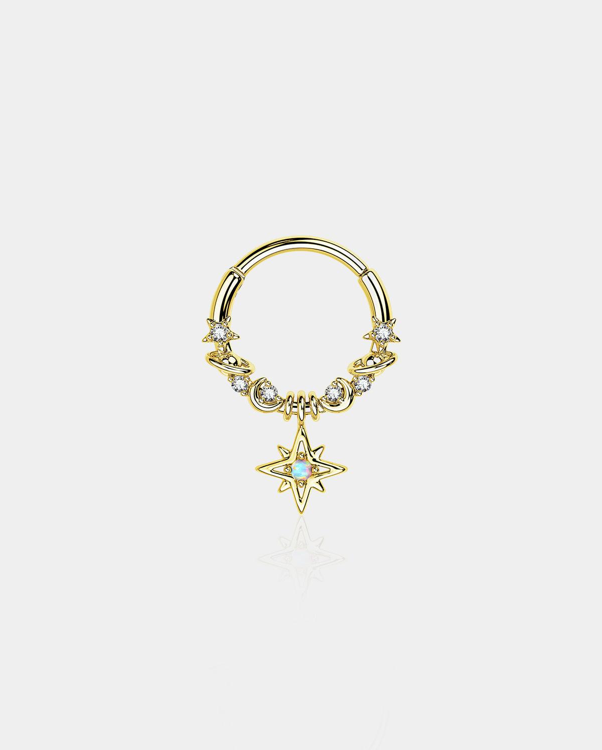 Star Moon Planet Dangle Septum Ring - Gold / 8mm