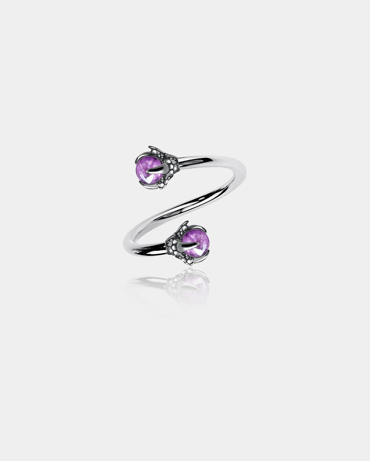 Dragon Claw S Shaped Helix Ring - Silver Amethyst