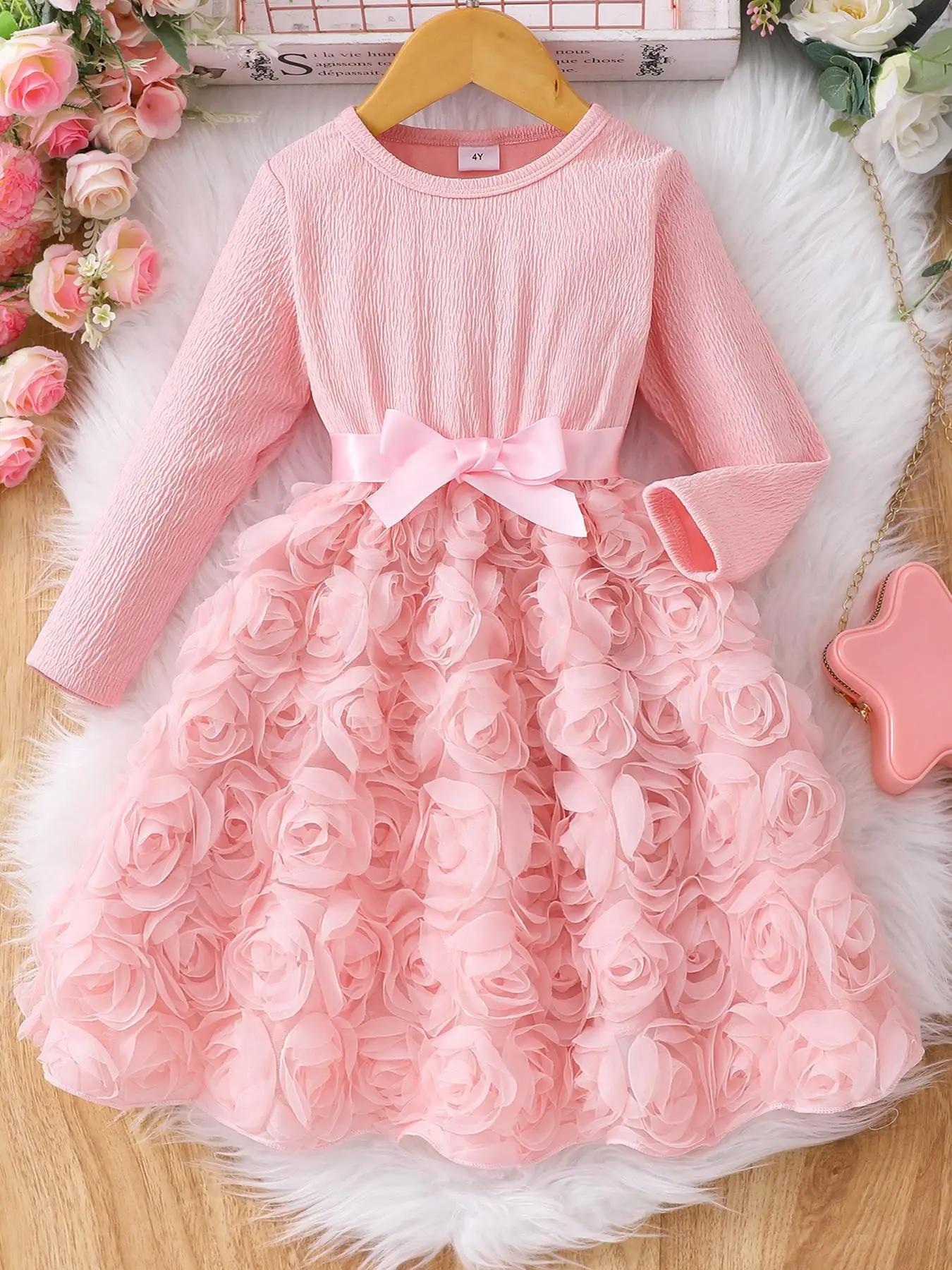 Girl's Floral Textured Long Sleeve A Line Dress, Cute Round Neck Dress for Party Wedding Guest, Kids Fall & Winter Clothes