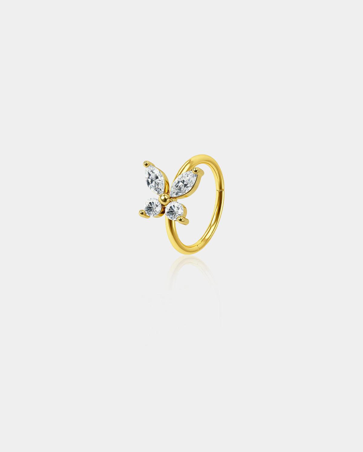 20G CZ Butterfly Segment Nose Ring - Gold / 10mm