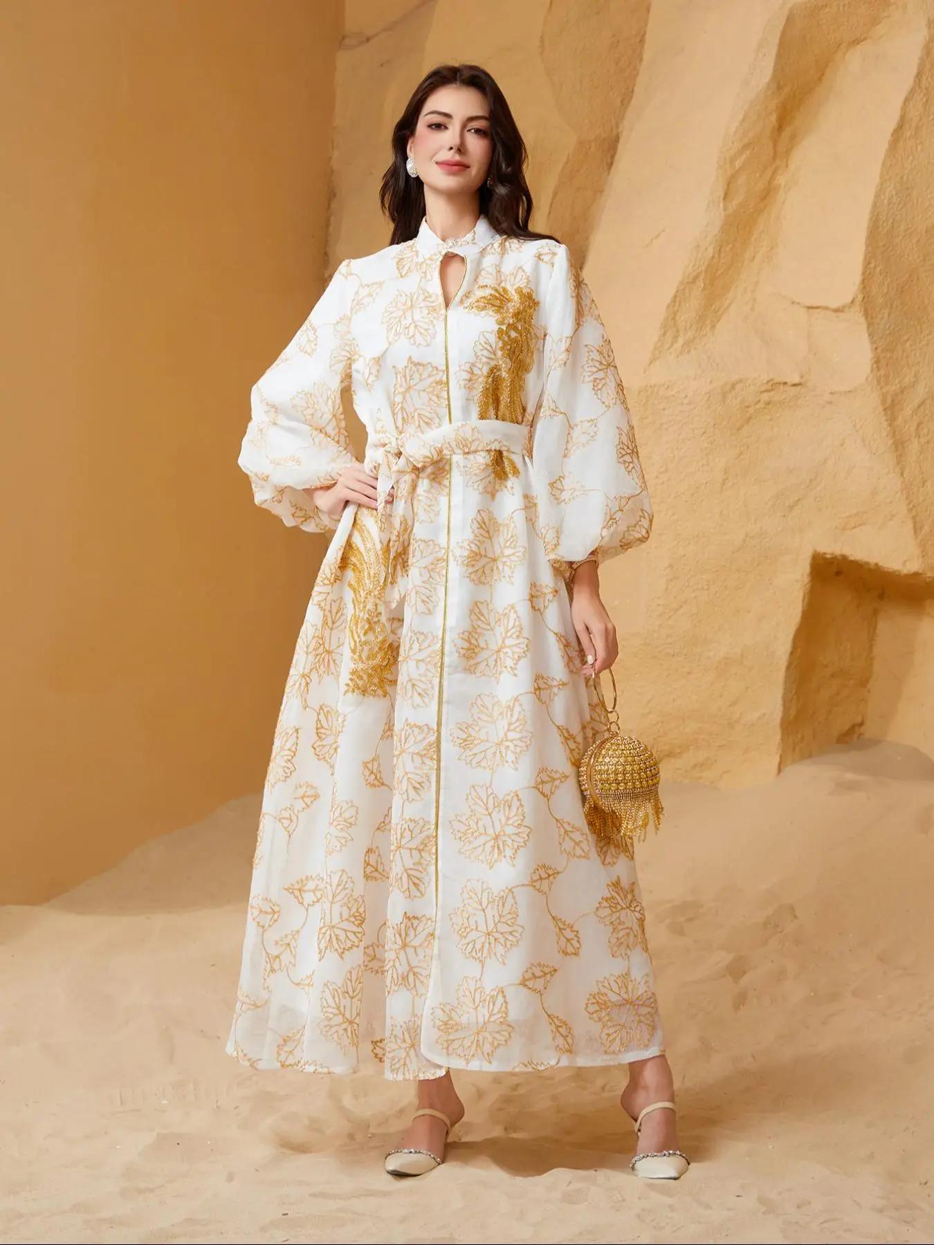 women's Floral Embroidery Long Sleeve Dress, Elegant Long Dress for Party Wedding Guest, Ladies Islamic Clothing for All Seasons, Womenswear, Gowns