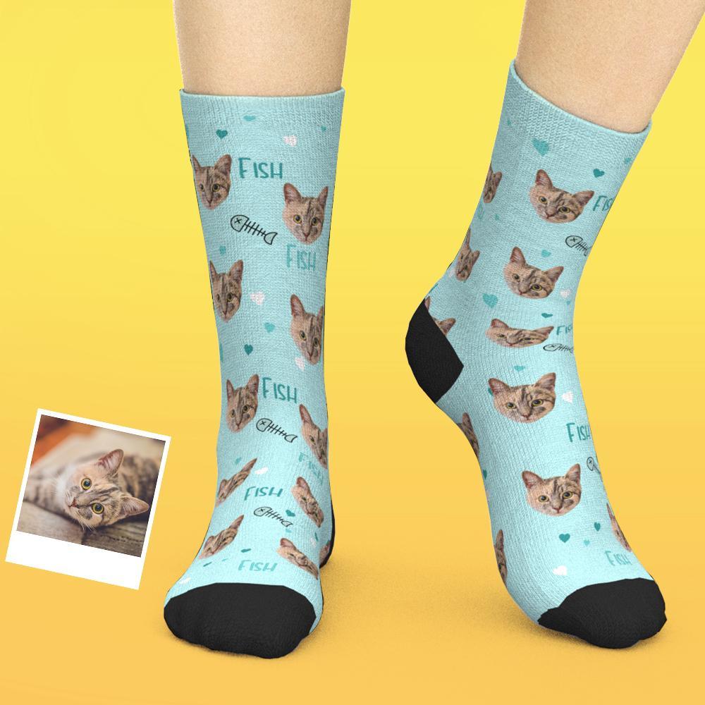 Custom Cat Socks Personalized Cat and Fish Socks Best Christmas Gift for Cat Lover