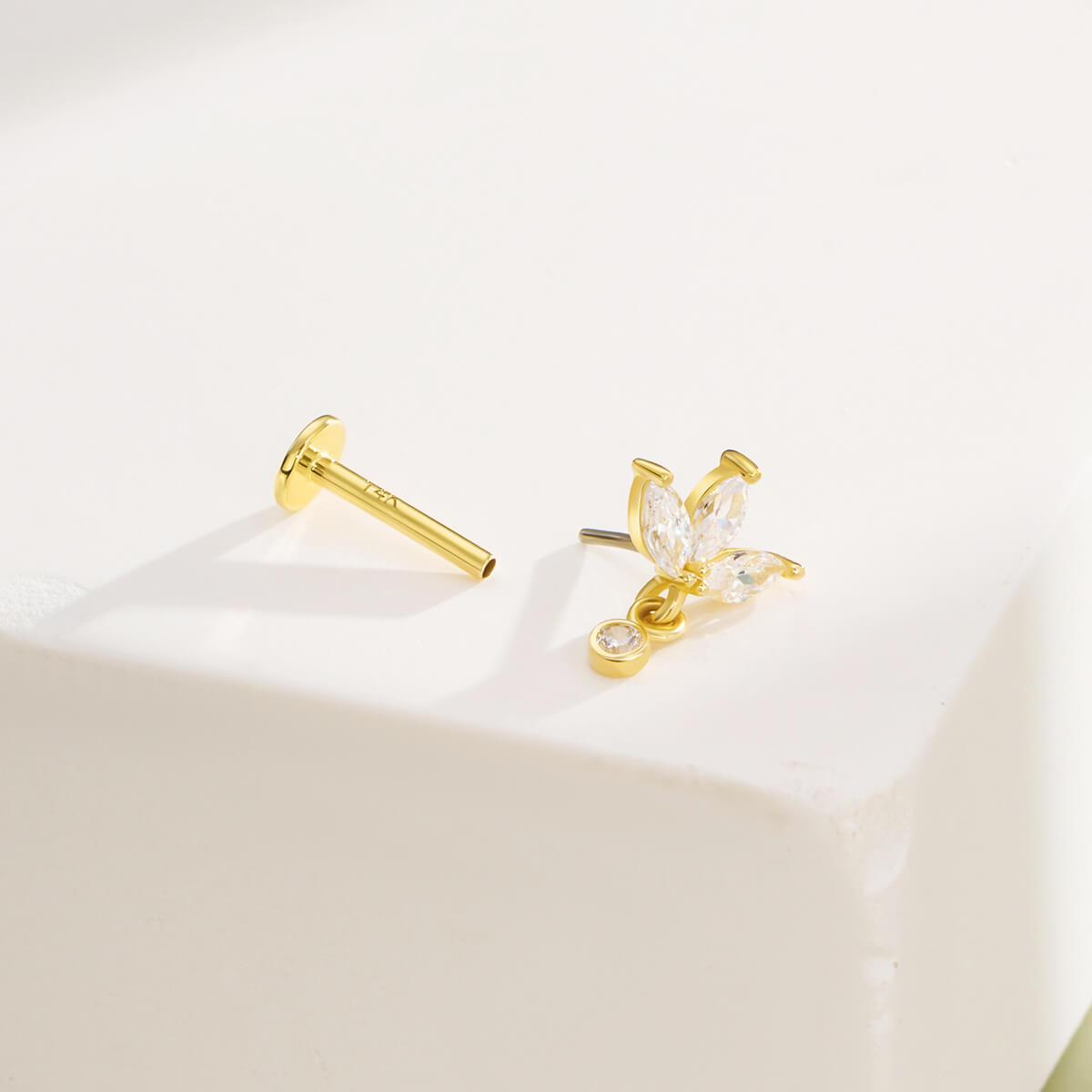14K Gold Lotus Flower CZ Threadless Helix Stud - Titanium Post Only / 16G-8mm