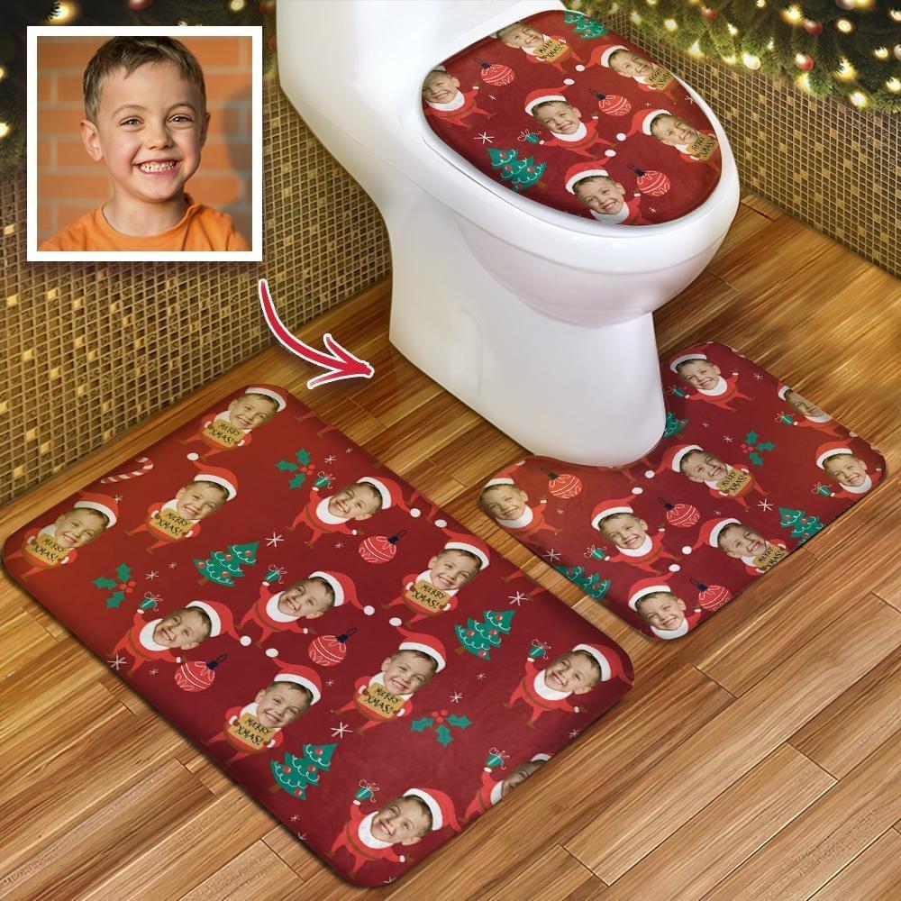 Custom Kids Face Christmas Hat Photo Toilet Rug Set Personalized 3 Piece Set Toilet Non-Slip Contour Mat Lid Cover Christmas GIft