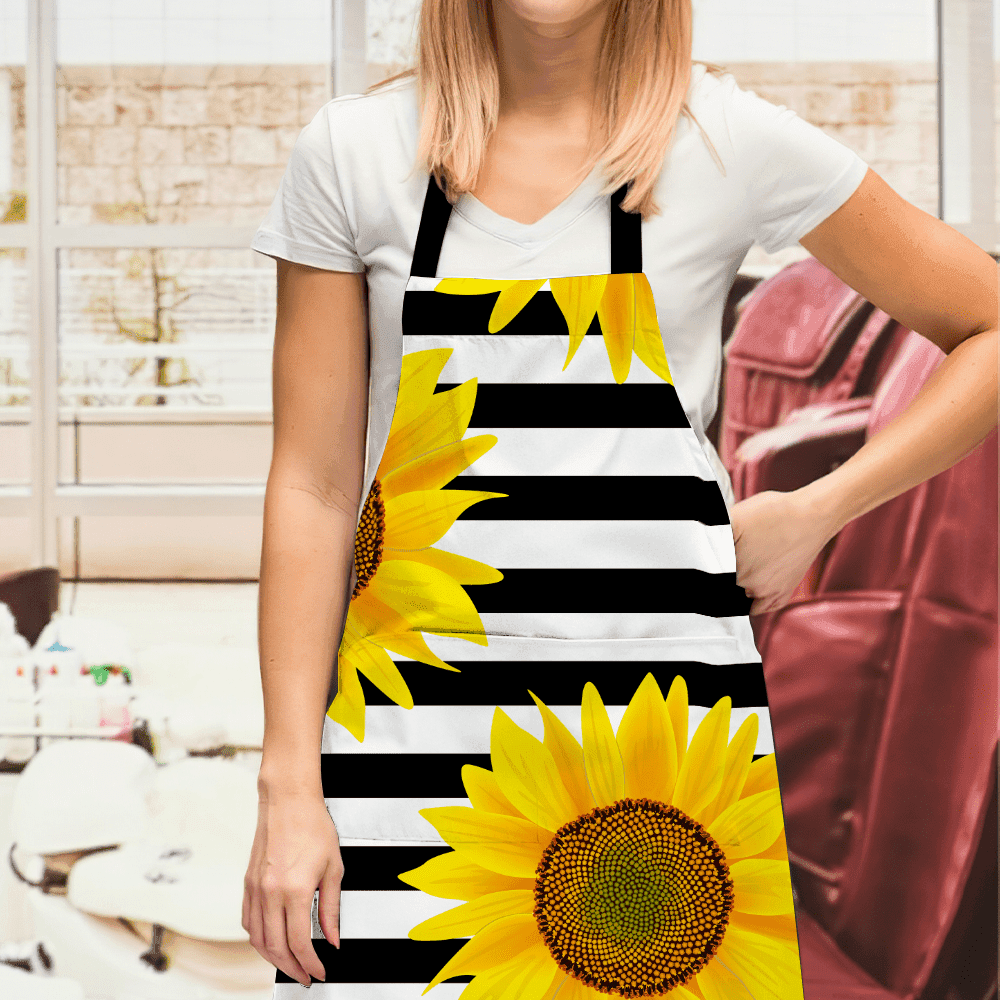 Personalized Apron Sunflowers On Striped Black and White Gifts for Mom