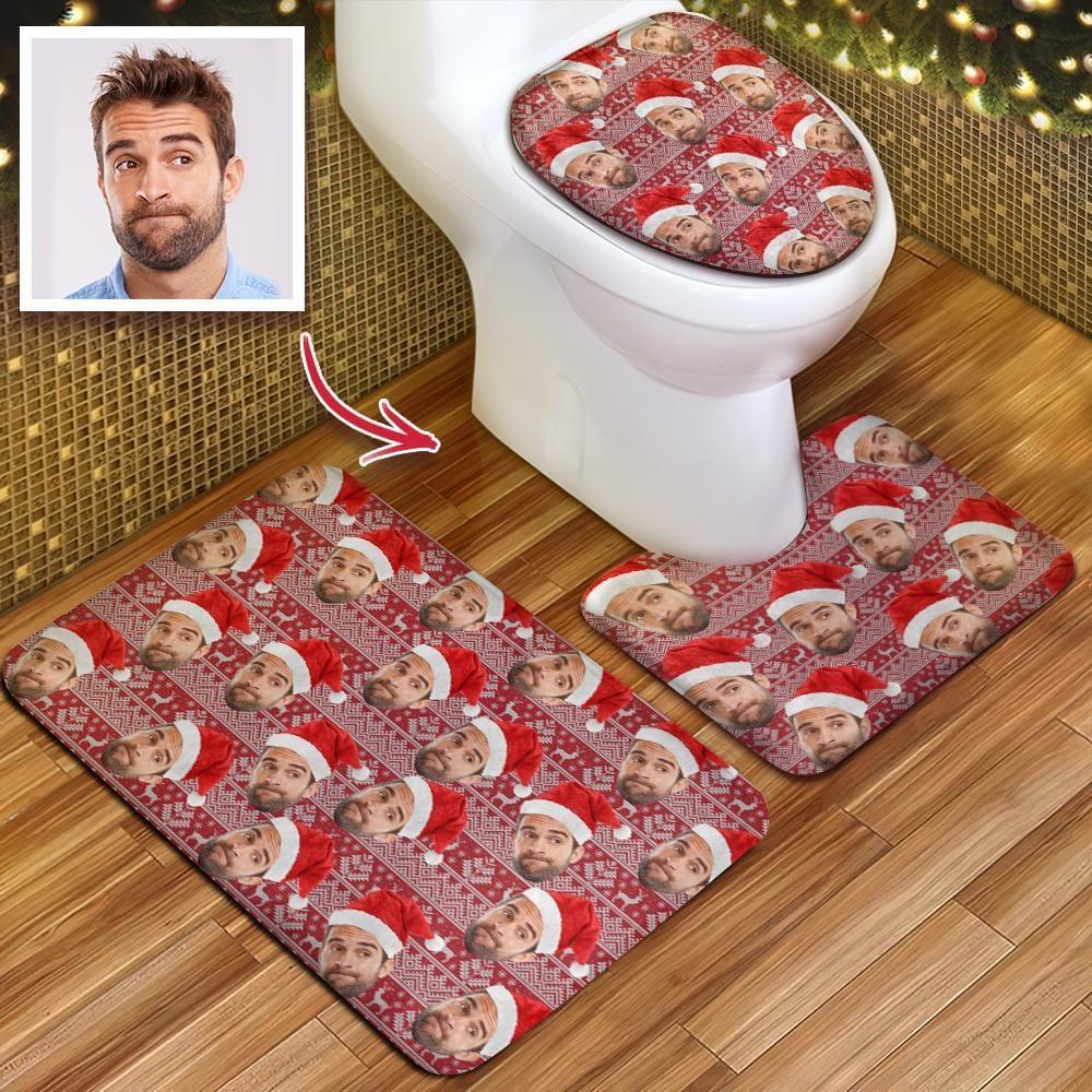Custom Men Face Christmas Hat Photo Toilet Rug Set Personalized 3 Piece Set Toilet Non-Slip Contour Mat Lid Cover Christmas GIft