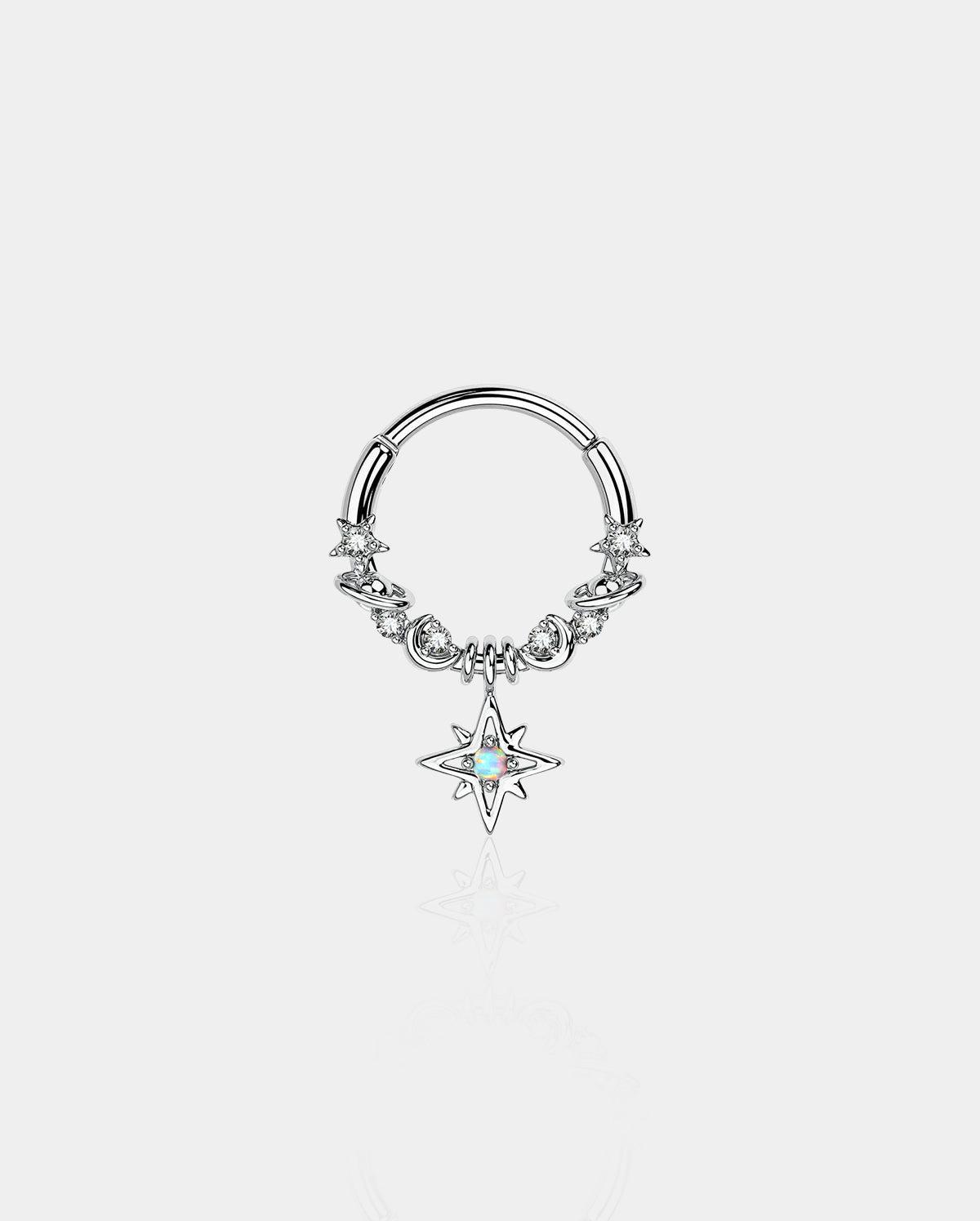 Star Moon Planet Dangle Septum Ring - Silver / 8mm