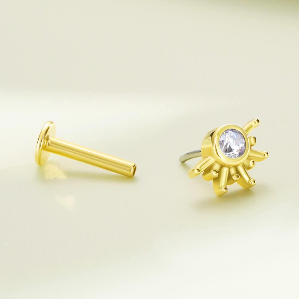 14K Gold Shiny Sun Threadless Cartilage Earring - Titanium Post Only / 16G-8mm
