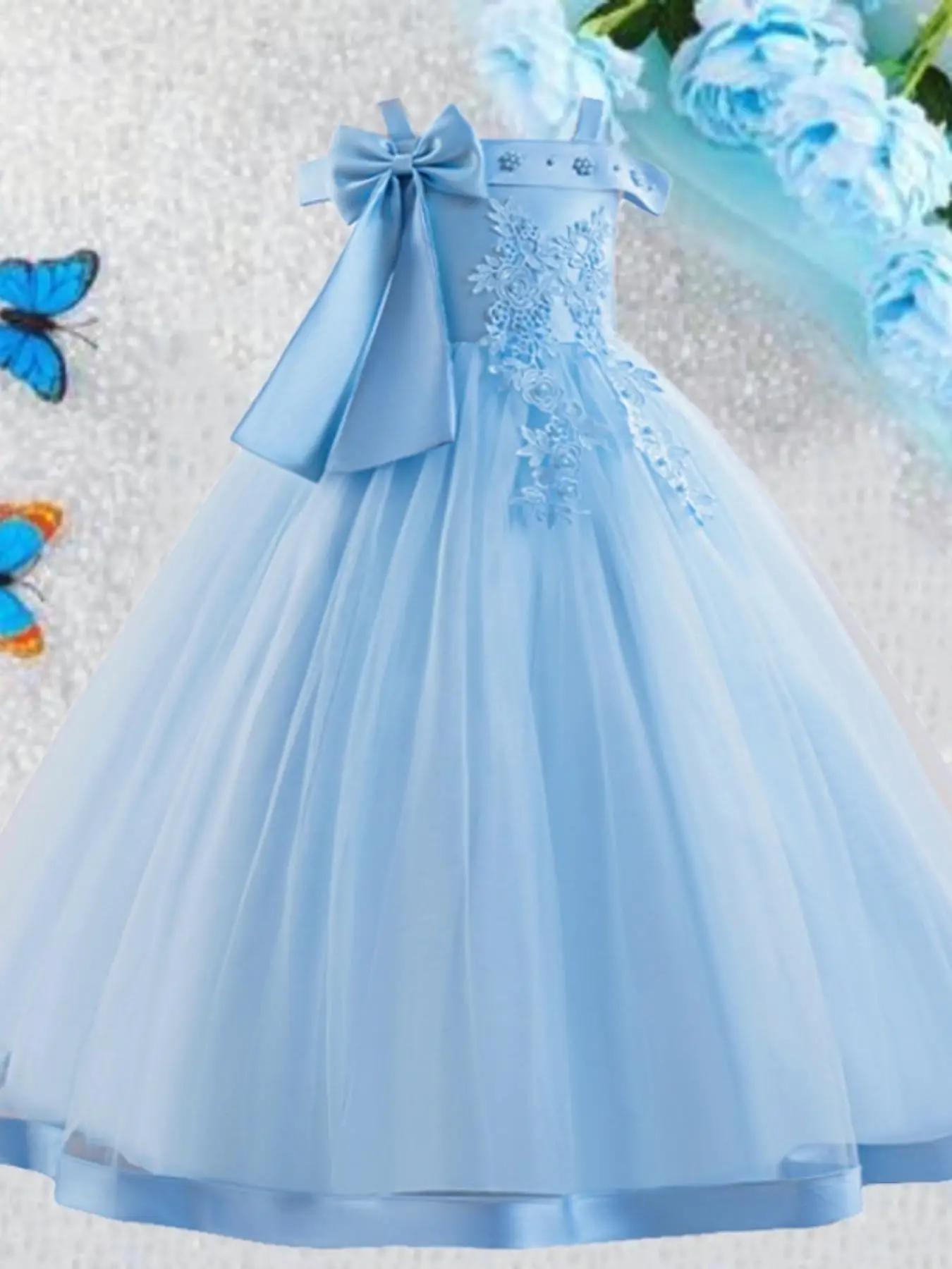 Girl's Cold Shoulder Faux Pearls Decor Contrast Lace Mesh Fit and Flare Dress, Elegant Bow Decor Sleeveless Satin Dress for Party Wedding Guest, Kids