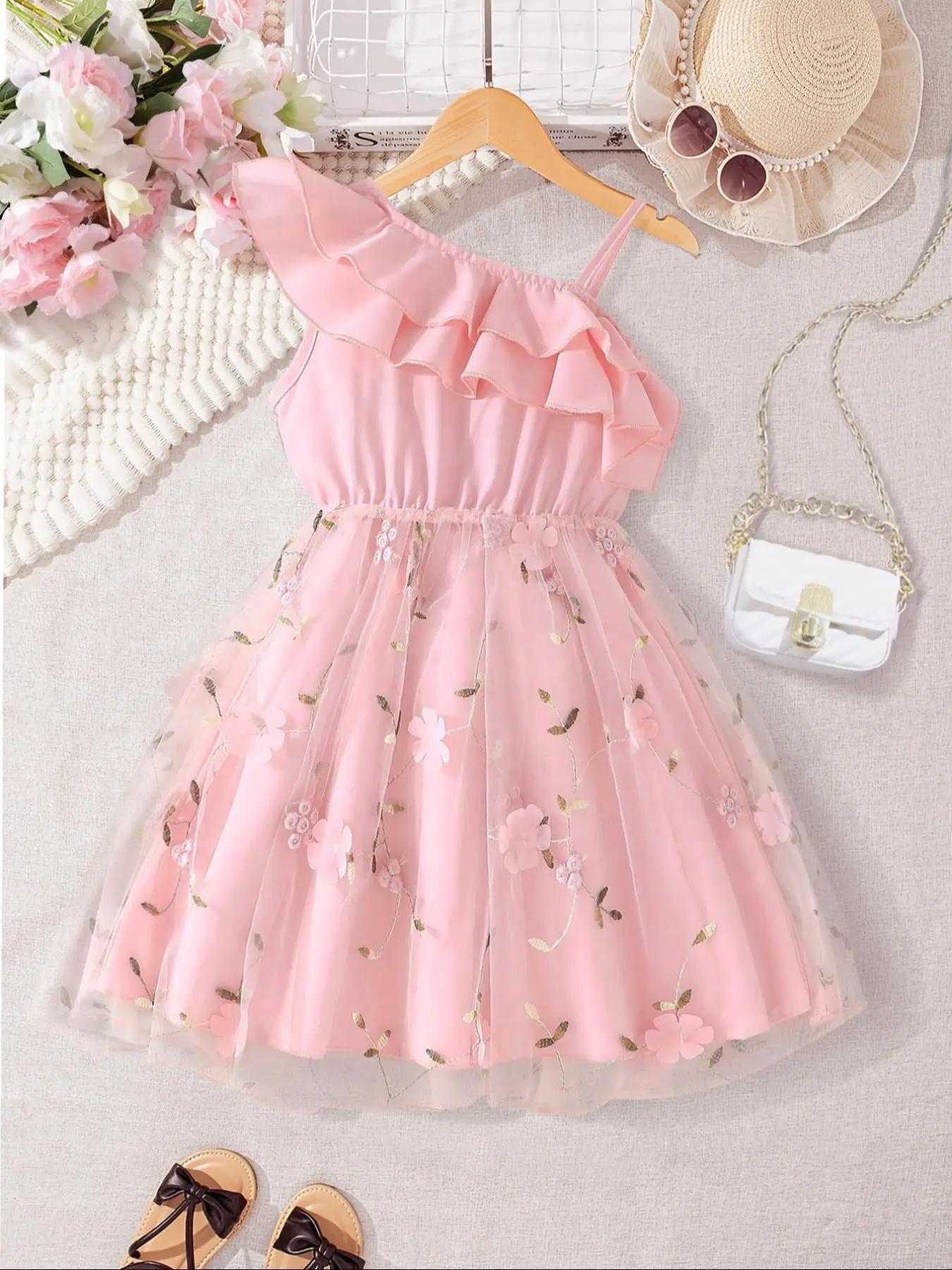 Girl's Embroidery Ruffle Trim Dress, Elegant Dress for Party Holiday Wedding Guest, Kids Summer Clothes, Floral Embroidery Dress