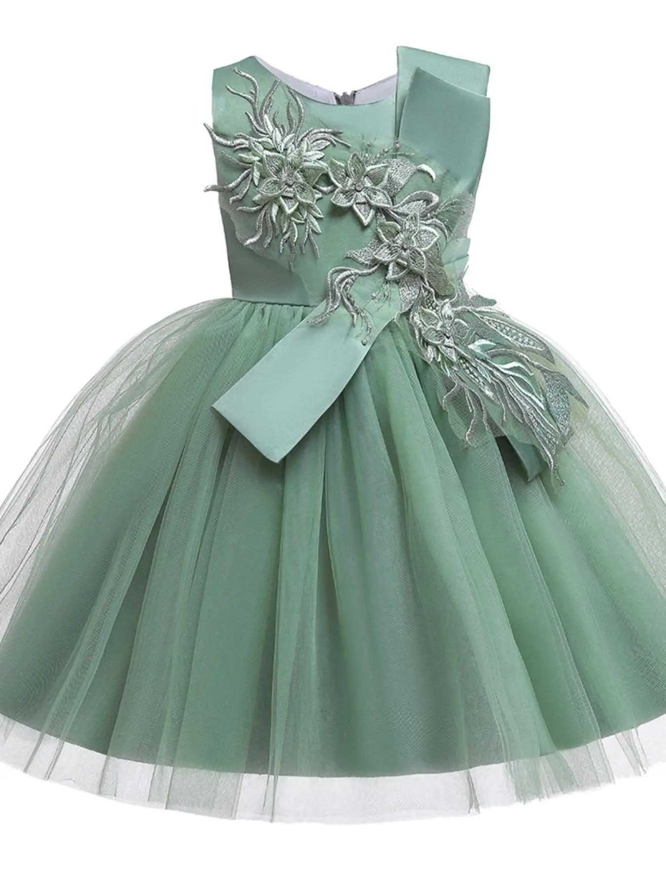 Girl's Floral Embroidery Bow Back Satin Fit & Flare Formal Dress, Elegant Sleeveless Zipper Back Tulle Party Dress for Performance Show Wedding Guest,