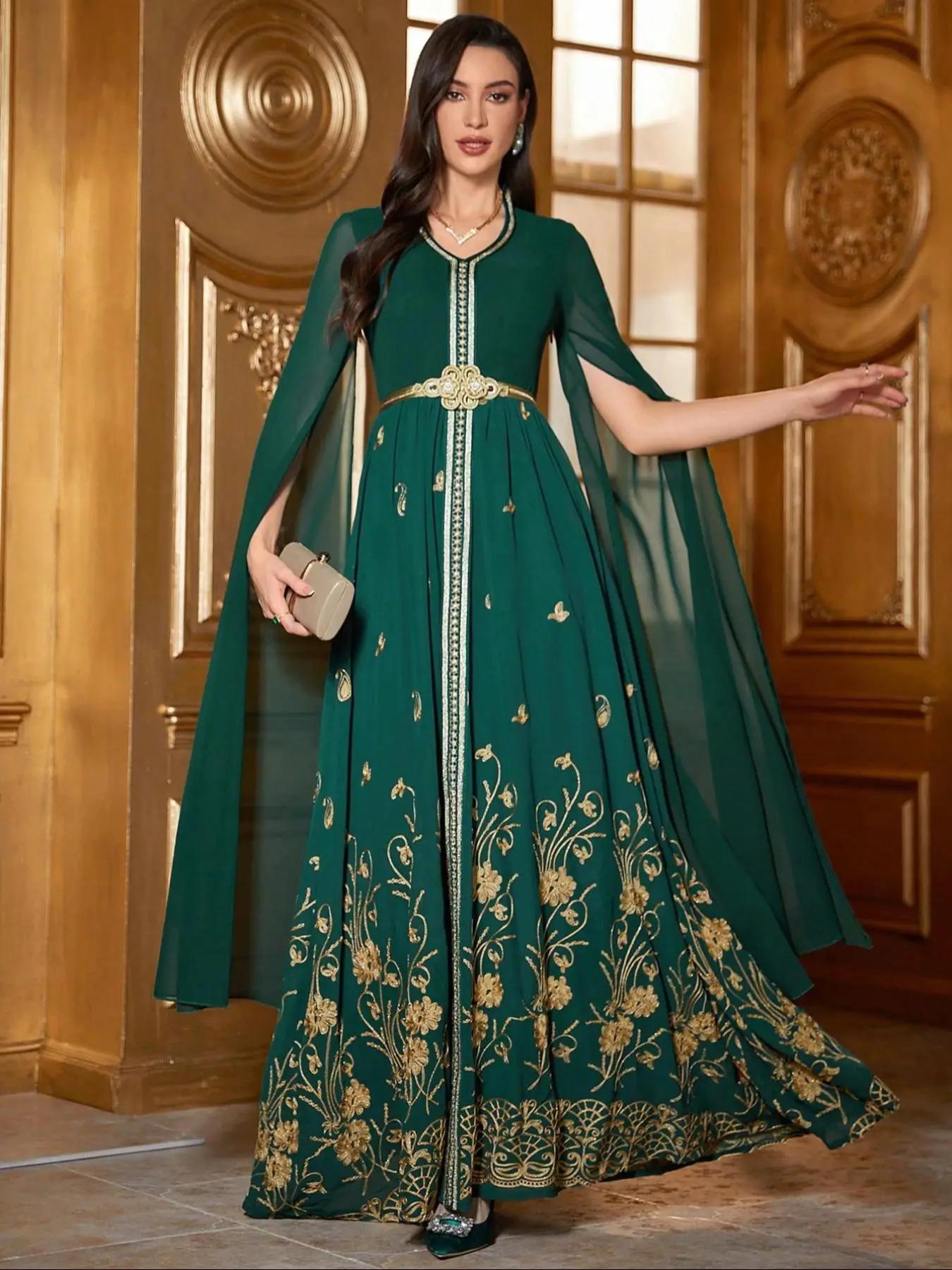 women's Floral Embroidery Dress without Belt, Elegant Arabian Dress for Party Wedding Guest, Modest Clothes, Gowns, Ladies Spring & Fall Clothes