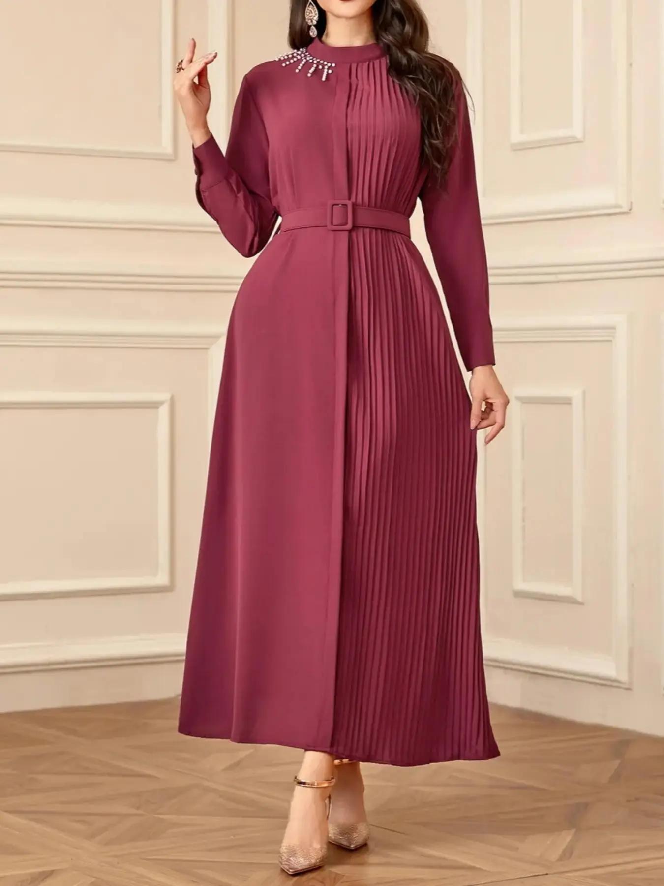 women's Solid Belted Pleated Dress, Elegant Round Neck Long Sleeve Dress for Party Holiday Wedding Guest, Ladies Clothes for All Seasons