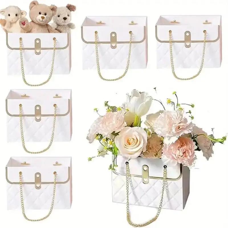 Rhombus Flower Bouquet Gift Box, 6counts/set Plaid Pattern Gift Box with Metal Chain Handle, Gift Wrapping Box for Flower, Candy, Gifts