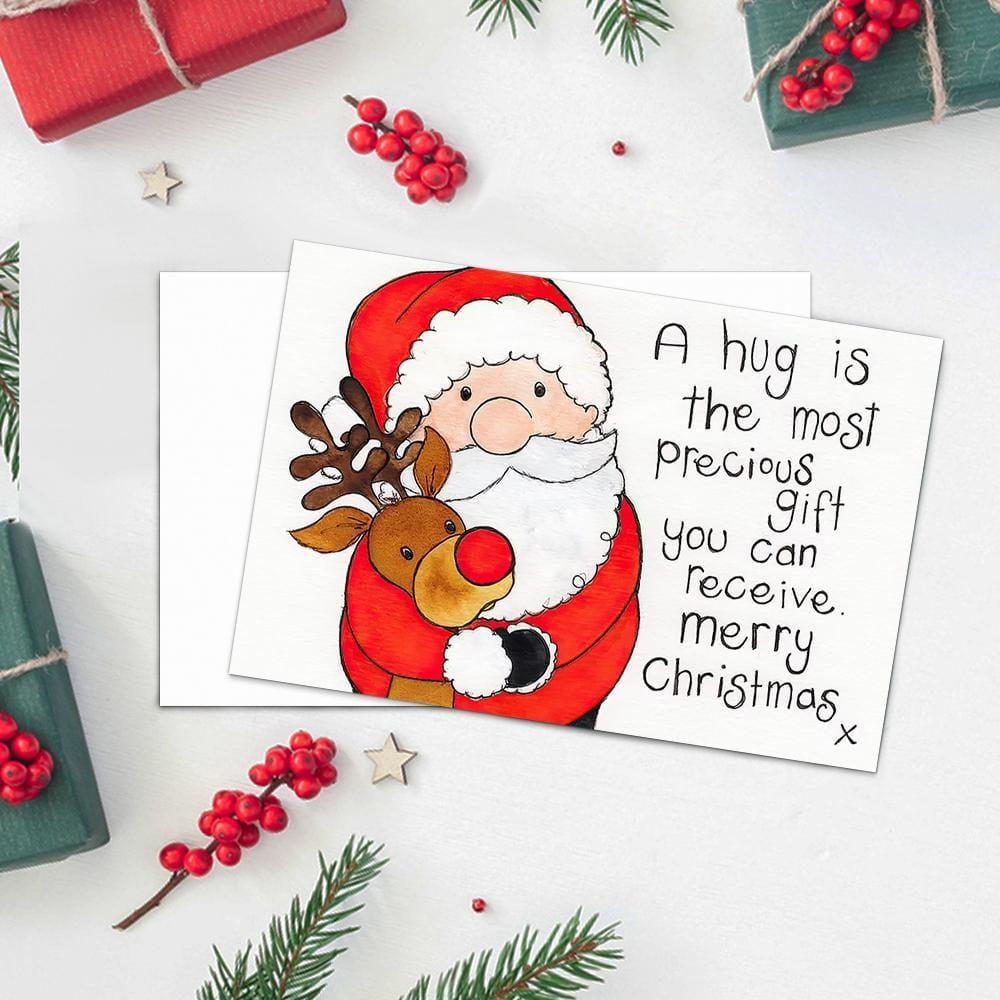 Merry Christmas Card Santa with Rudolph -Horizontal Card