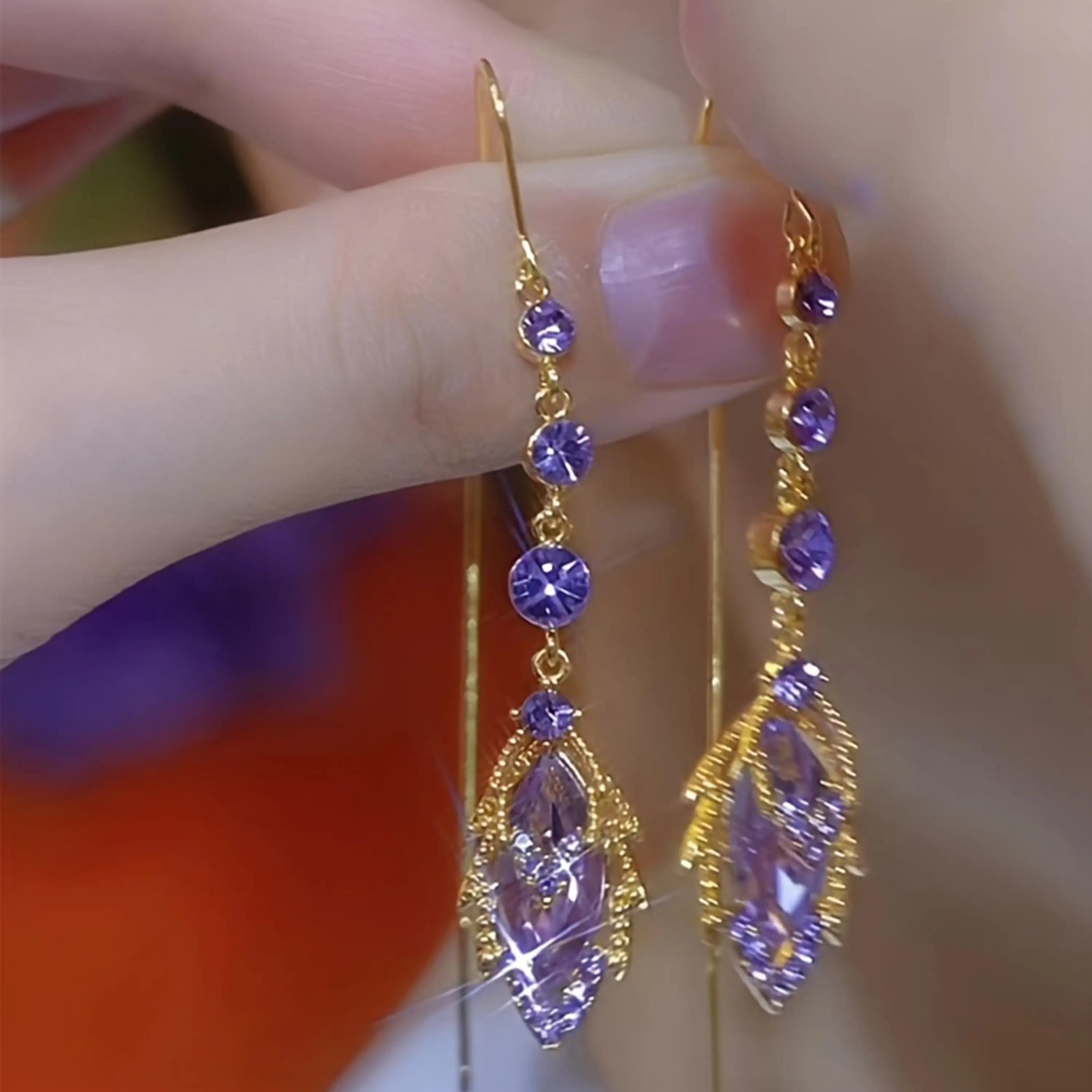 Long Drop Earrings Zircon Jewelry Dreamy Purple Elegant Pendant Earrings Tassel Earrings Dangle Earrings, Long Ear Line,Jewelry Gift for Daily Wear