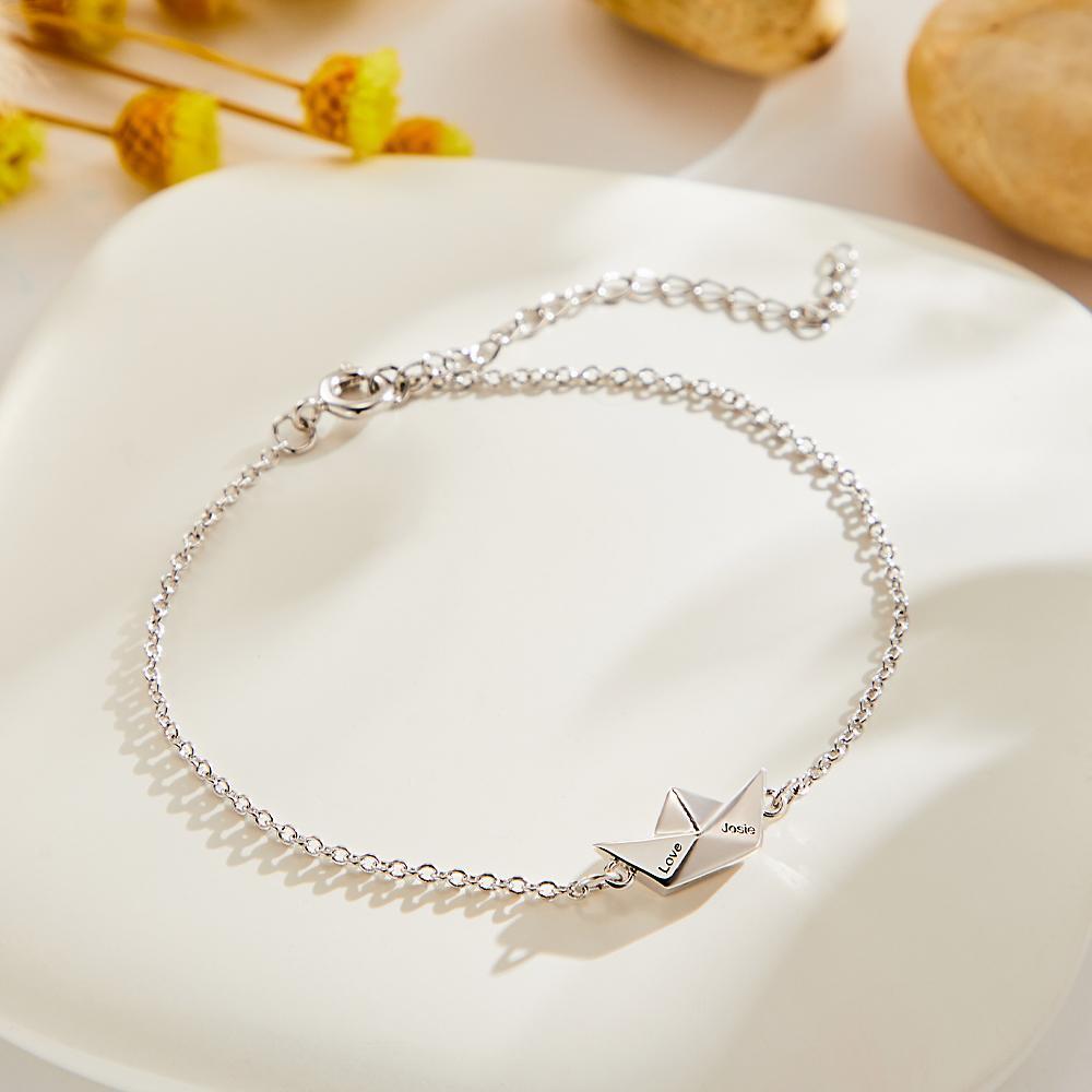 Custom Bracelet with Engraved Text Christmas Gifts for Her Origami Boat