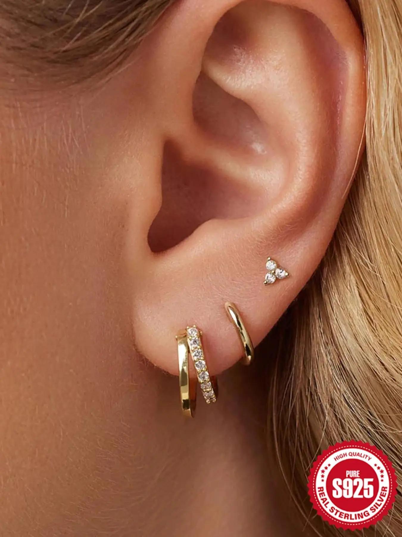 S925 Sterling Silver Glittering Minimalist Hoop Earrings & Stud Earrings, Fashionable Hoop & Stud Earrings for Women & Girls