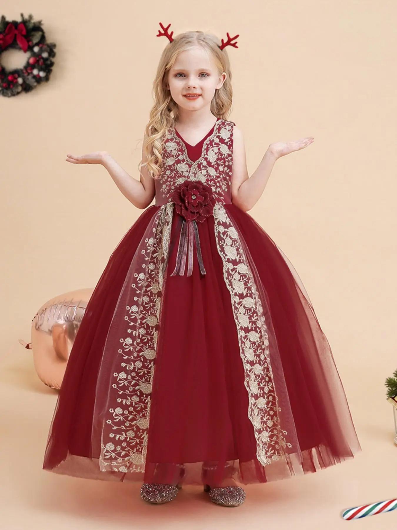 Girl's Plants Embroidery Bow Decor Tulle Dress, Elegant Flower Decor Sleeveless V Neck Party Dress for Performance Wedding Guest, Kids Clothes for All