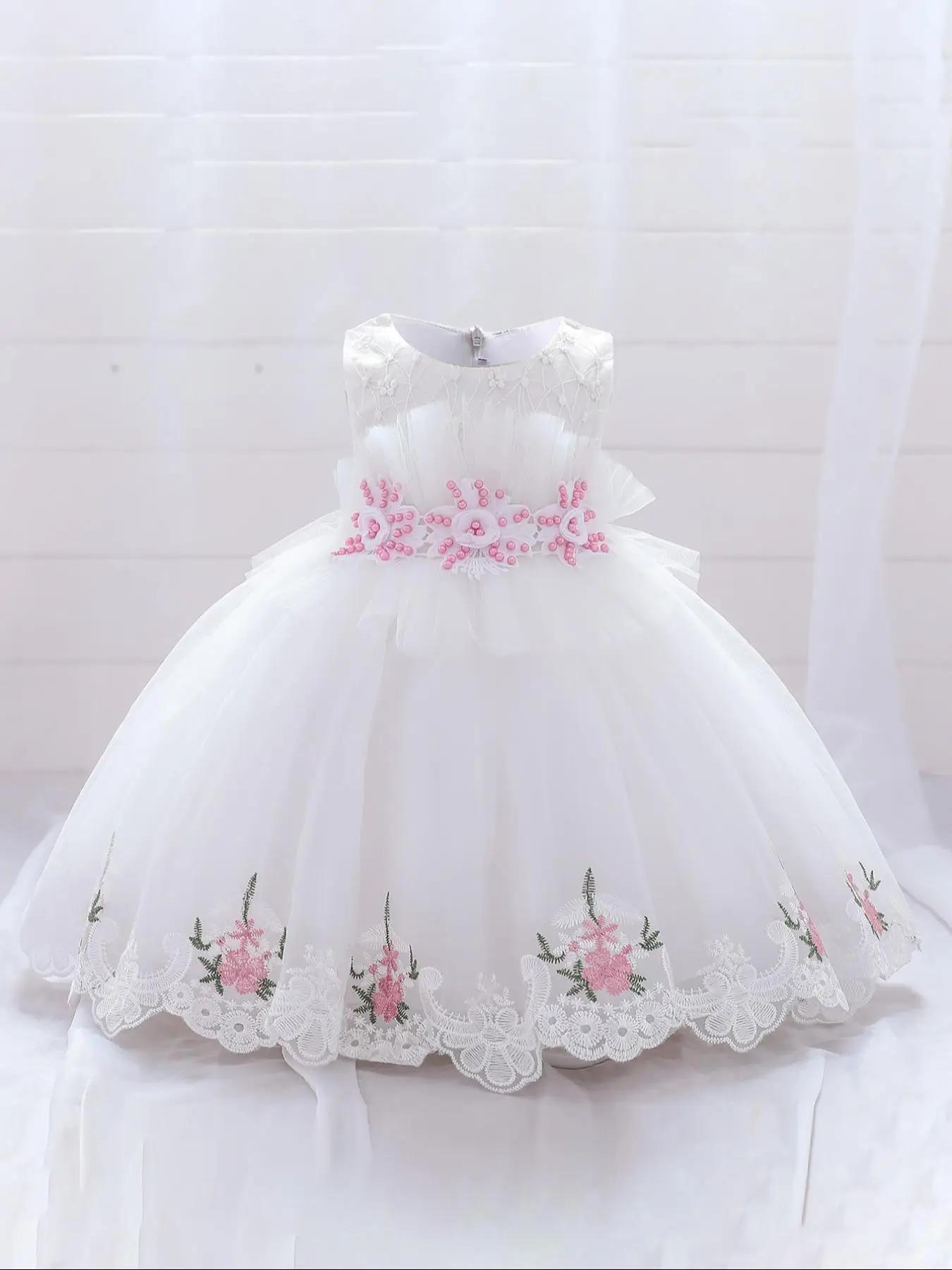 Girl's Floral Embroidery Party Dress, Elegant Sleeveless Round Neck Formal Dress for Party Wedding Guest, Kids Clothes for All Seasons