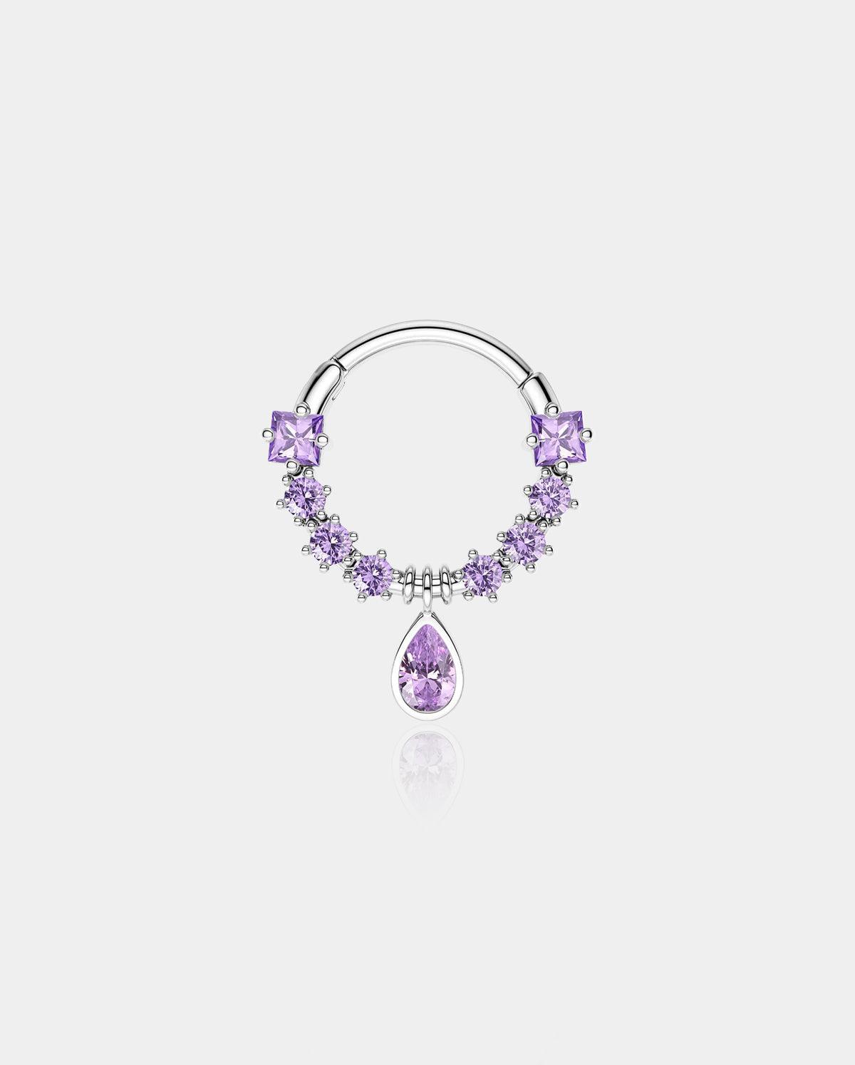 Dangle Diamond Septum Ring - Silver-Purple CZ / 10mm